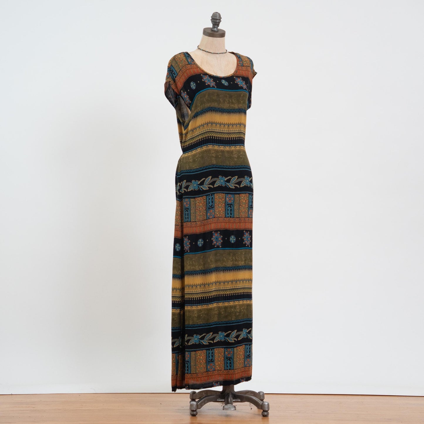 Vintage 90s Striped Earth Tone Floral Maxi Dress - Medium | Cap Sleeve Grunge Dress, Tie Back Summer Sundress