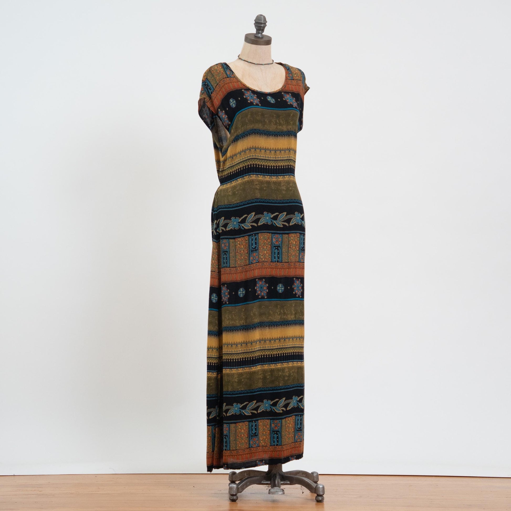 Vintage 90s Striped Earth Tone Floral Maxi Dress - Medium | Cap Sleeve Grunge Dress, Tie Back Summer Sundress