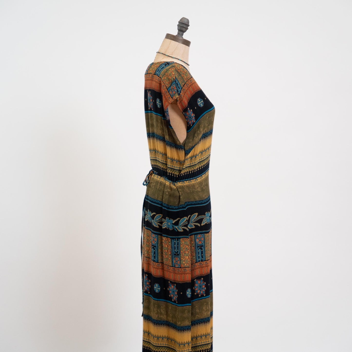 Vintage 90s Striped Earth Tone Floral Maxi Dress - Medium | Cap Sleeve Grunge Dress, Tie Back Summer Sundress
