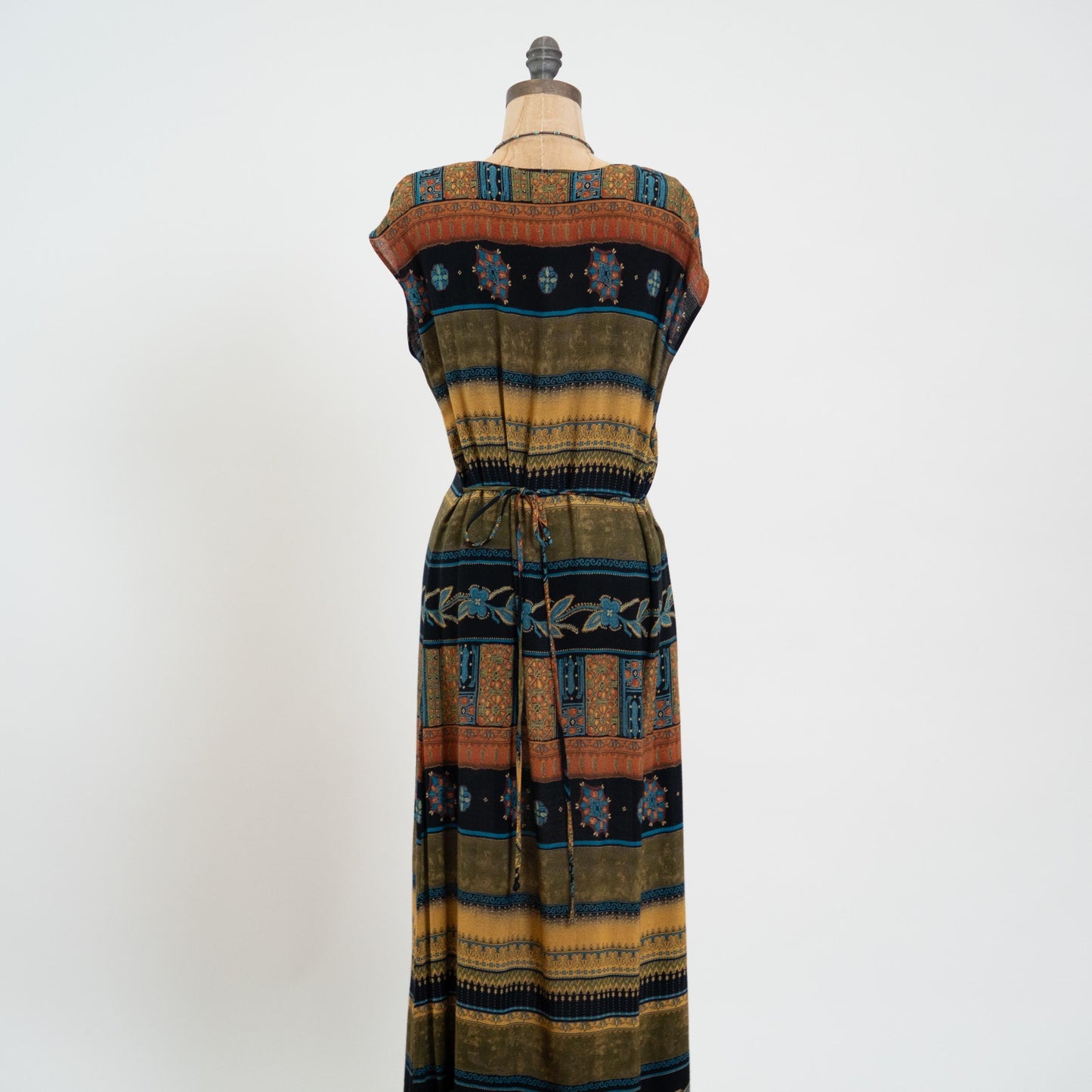 Vintage 90s Striped Earth Tone Floral Maxi Dress - Medium | Cap Sleeve Grunge Dress, Tie Back Summer Sundress