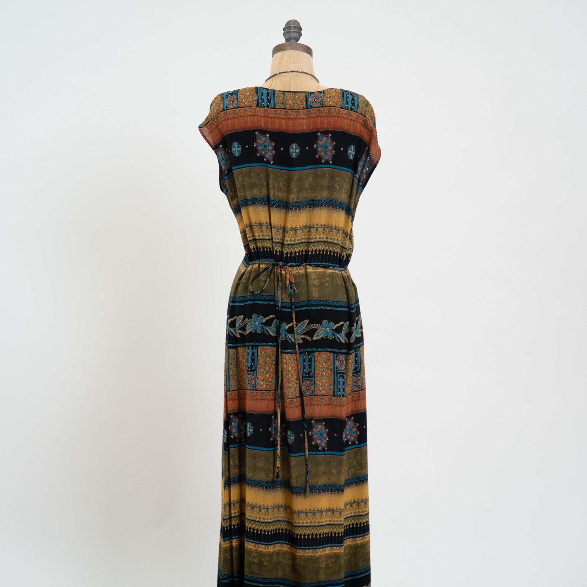 Vintage 90s Striped Earth Tone Floral Maxi Dress - Medium | Cap Sleeve Grunge Dress, Tie Back Summer Sundress