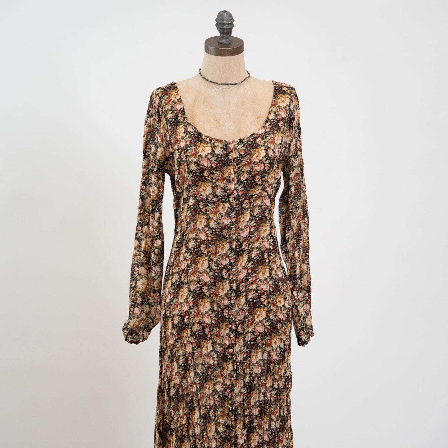 Vintage 90s Sheer Earth Tone Floral Tie Back Maxi Dress - Medium to Large | High-Low Hem Long Sleeve Boho Grunge Dress