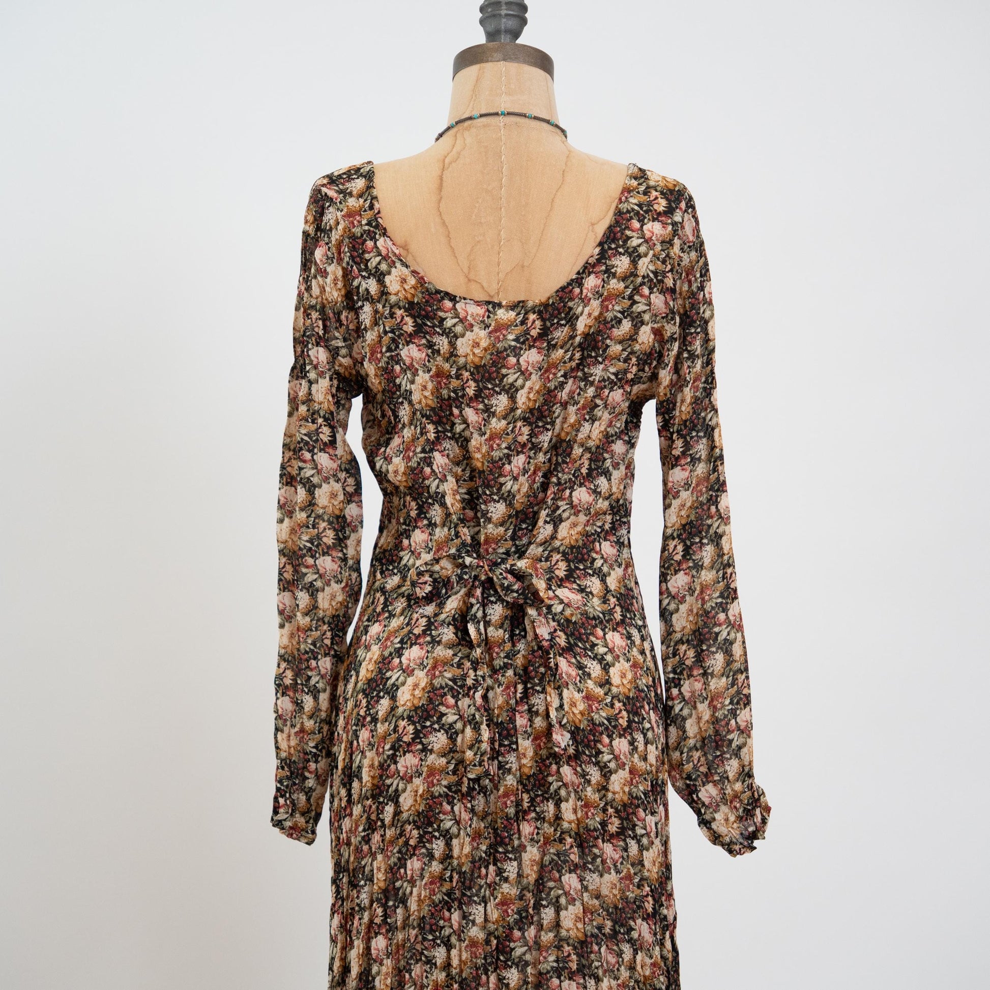 Vintage 90s Sheer Earth Tone Floral Tie Back Maxi Dress - Medium to Large | High-Low Hem Long Sleeve Boho Grunge Dress