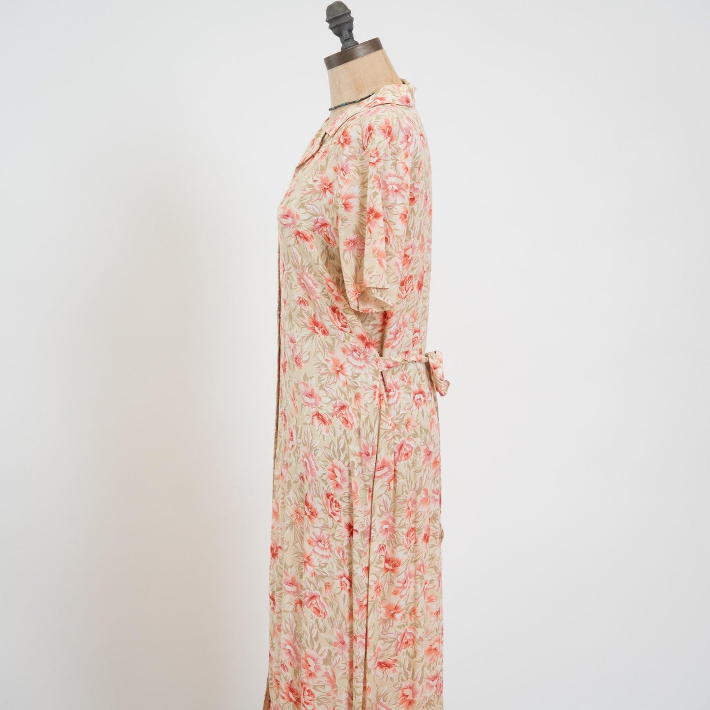 Vintage 90s Pink & Cream Floral Midi Dress - Large | Boho Button Up Short Sleeve Shirtdress