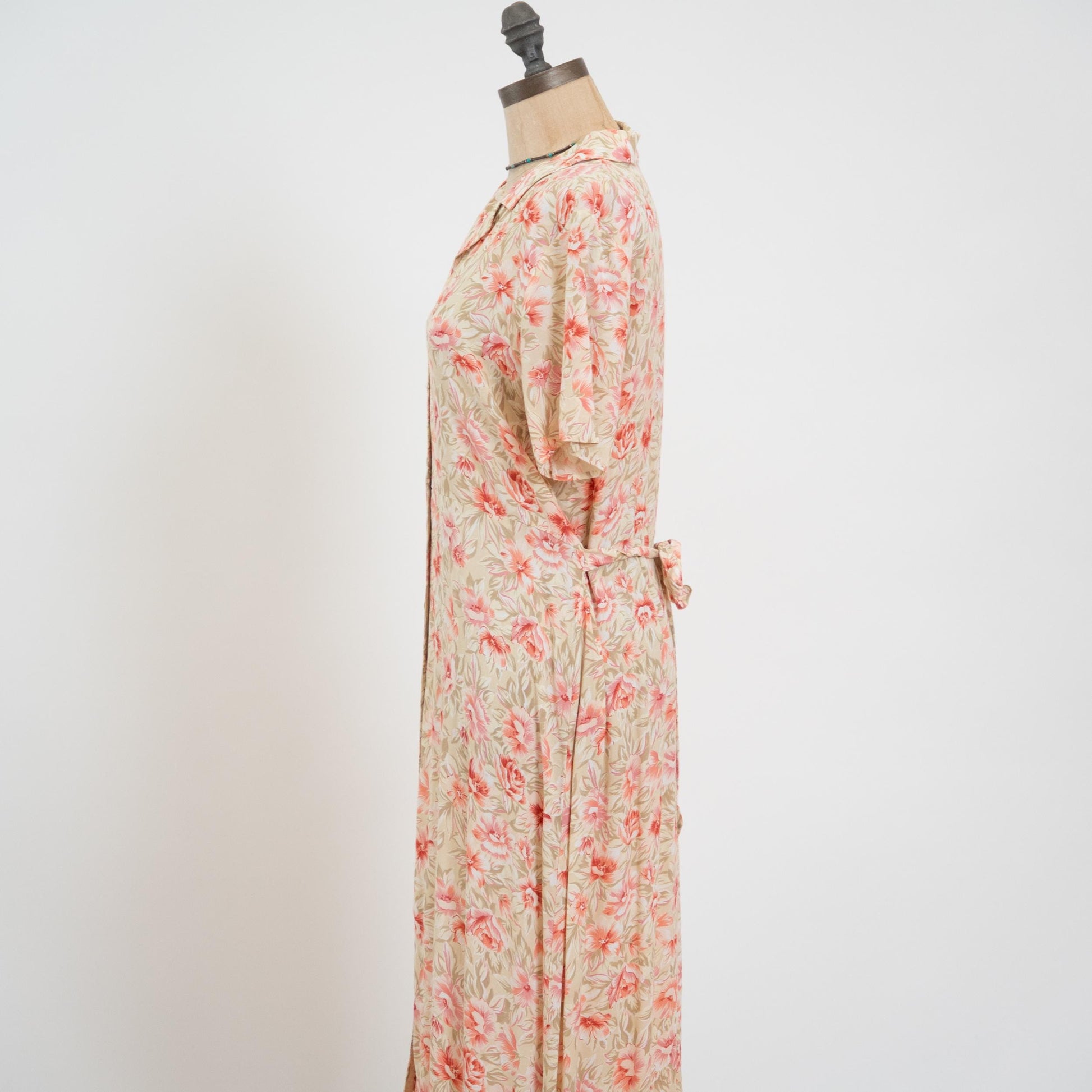 Vintage 90s Pink & Cream Floral Midi Dress - Large | Boho Button Up Short Sleeve Shirtdress