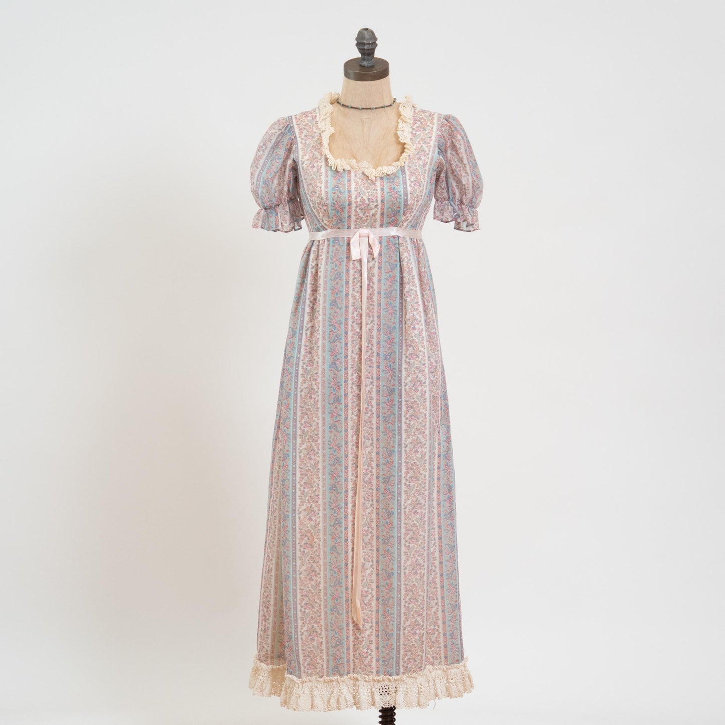 Vintage 60s Pastel Floral Puff Sleeve Prairie Dress - Petite Extra Small | Boho Crochet Trim A Line Maxi Dress