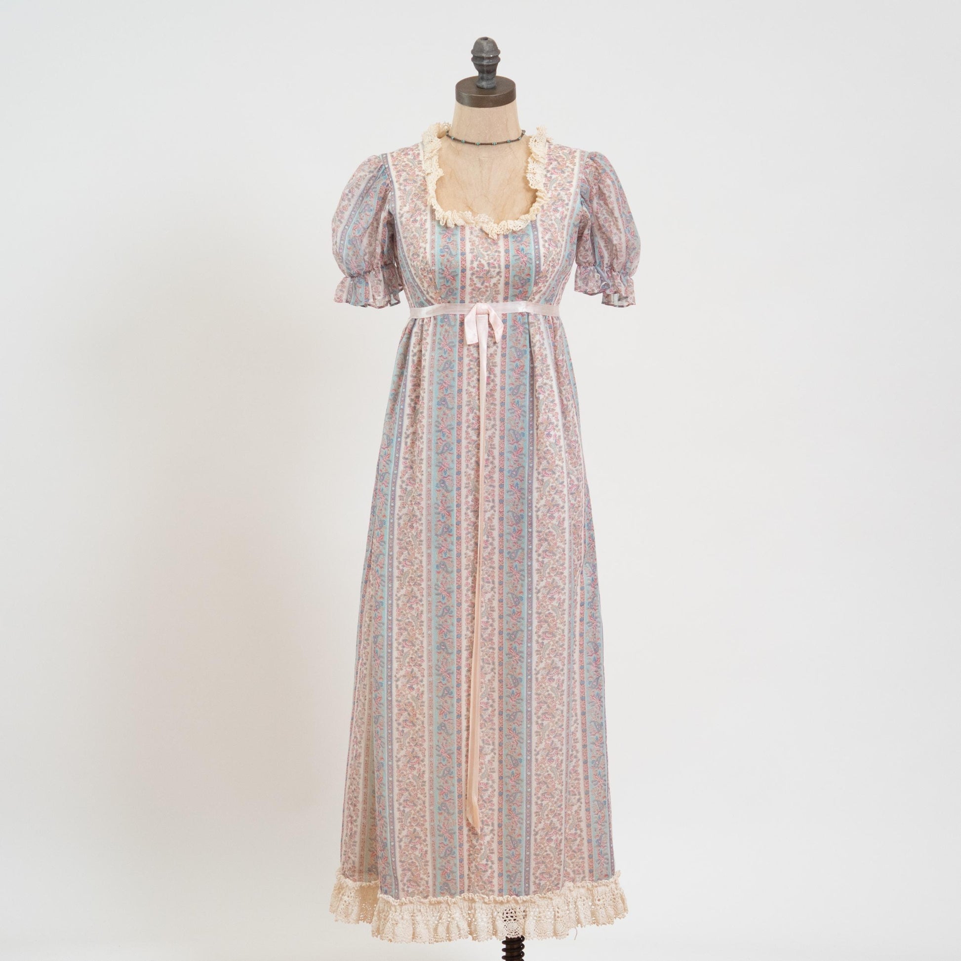 Vintage 60s Pastel Floral Puff Sleeve Prairie Dress - Petite Extra Small | Boho Crochet Trim A Line Maxi Dress