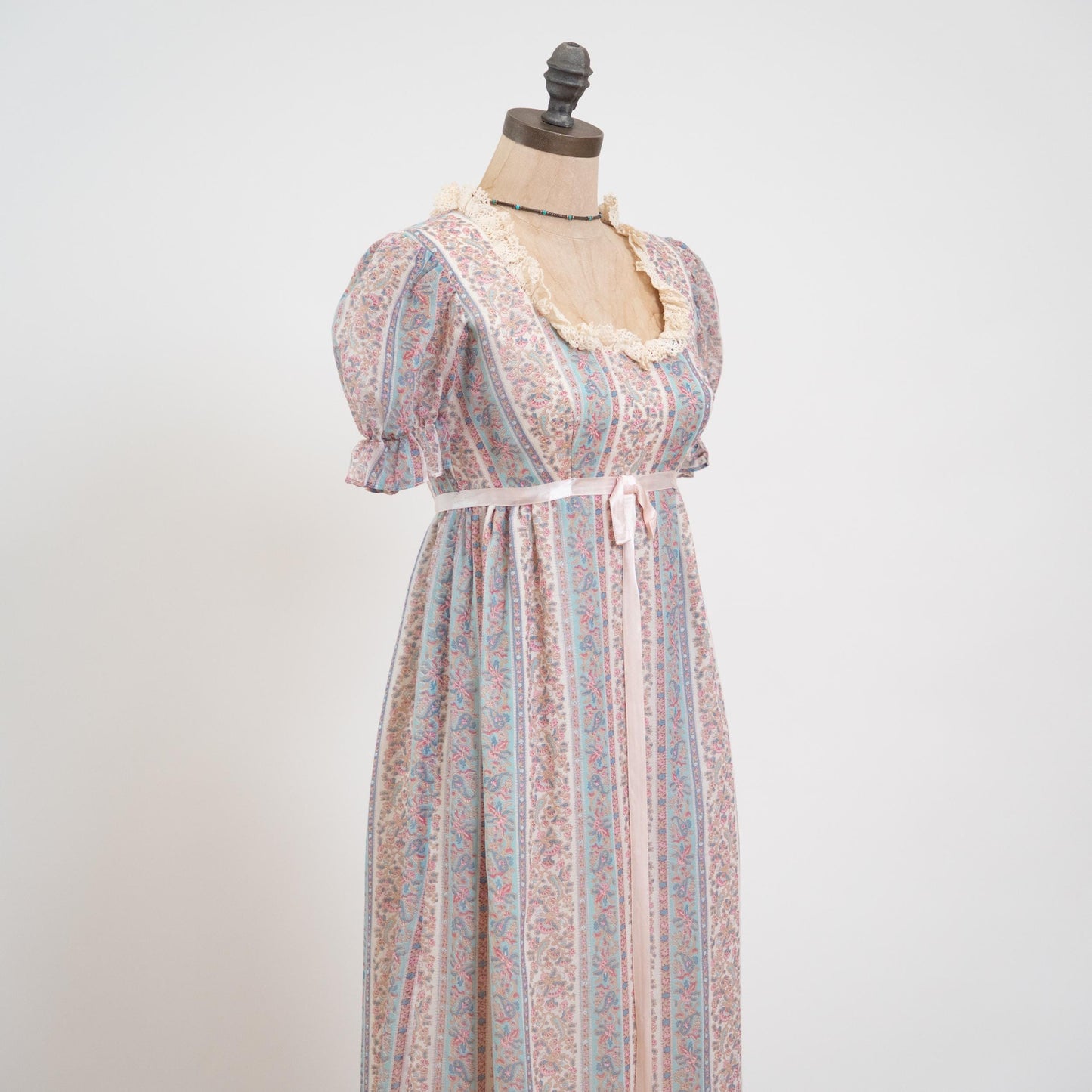 Vintage 60s Pastel Floral Puff Sleeve Prairie Dress - Petite Extra Small | Boho Crochet Trim A Line Maxi Dress