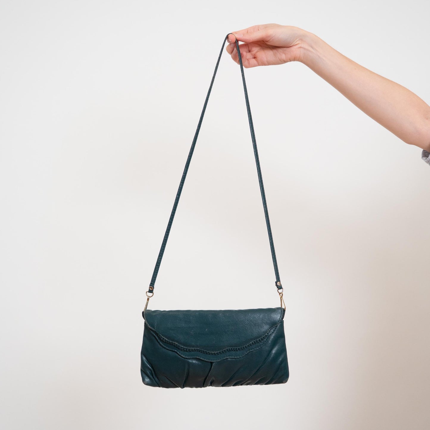 Vintage 80s Teal Leather Crossbody Bag | Retro Scalloped Flap Purse