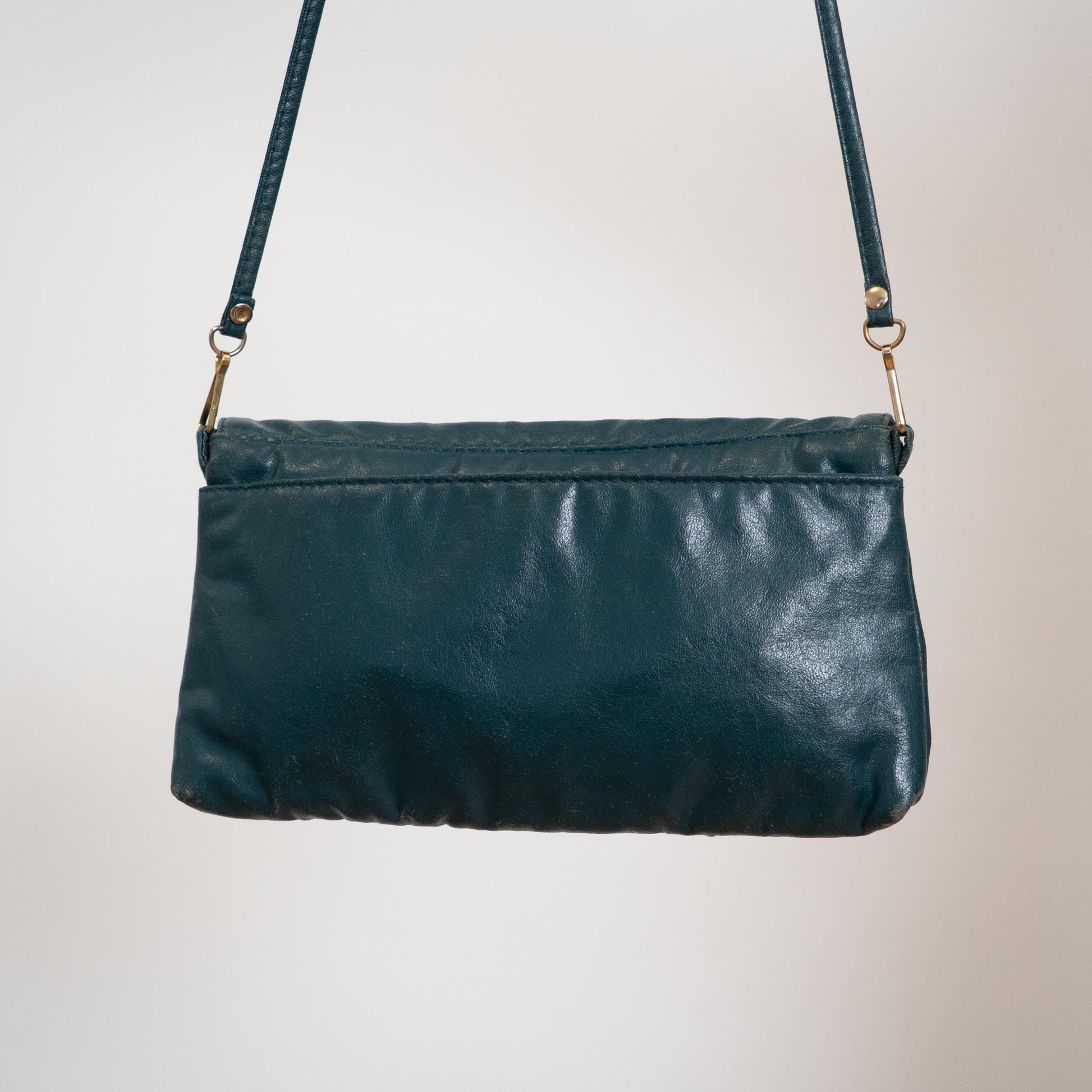 Vintage 80s Teal Leather Crossbody Bag | Retro Scalloped Flap Purse