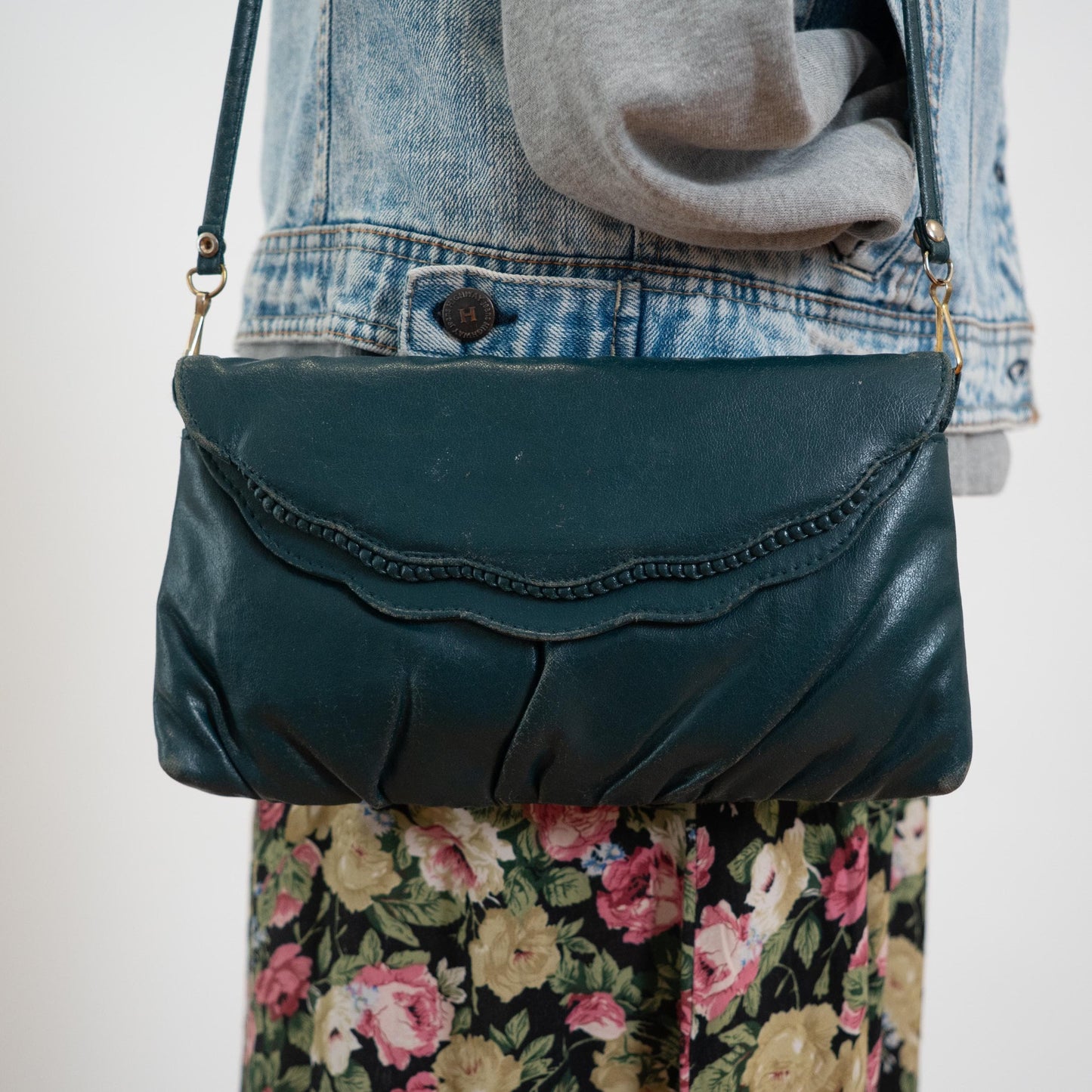 Vintage 80s Teal Leather Crossbody Bag | Retro Scalloped Flap Purse