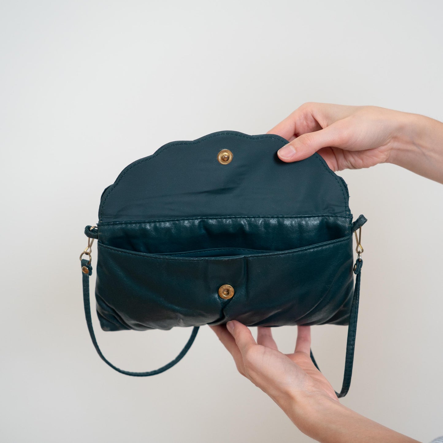 Vintage 80s Teal Leather Crossbody Bag | Retro Scalloped Flap Purse