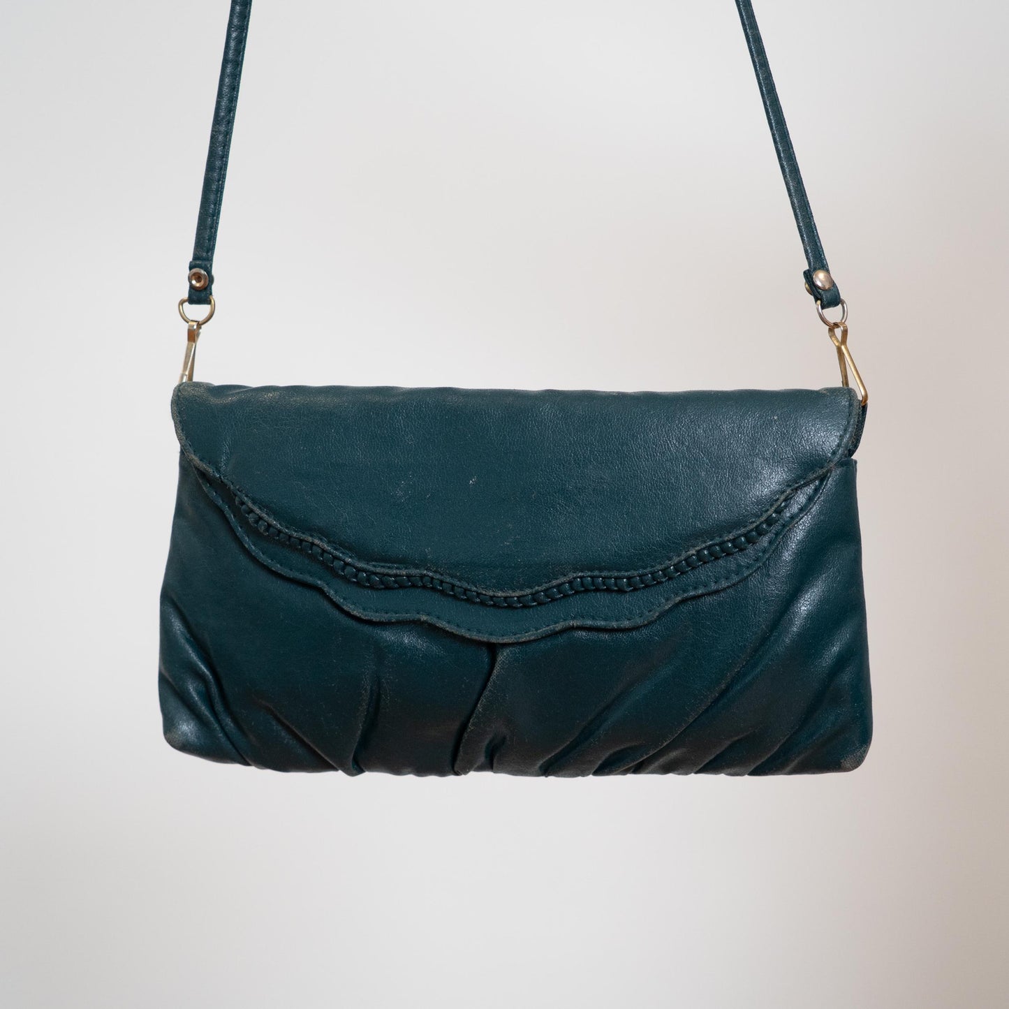 Vintage 80s Teal Leather Crossbody Bag | Retro Scalloped Flap Purse