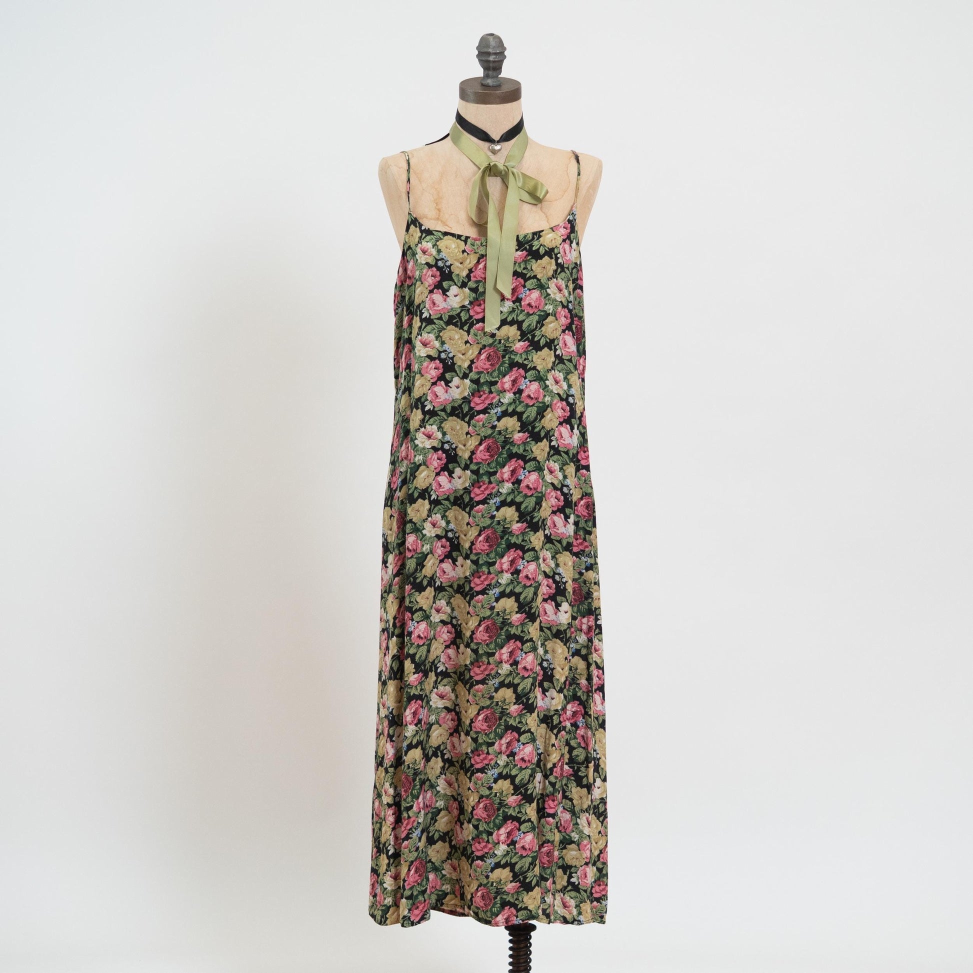 Vintage 90s Black & Pink Rose Floral Maxi Dress - Large | Boho Spaghetti Strap Summer Sundress