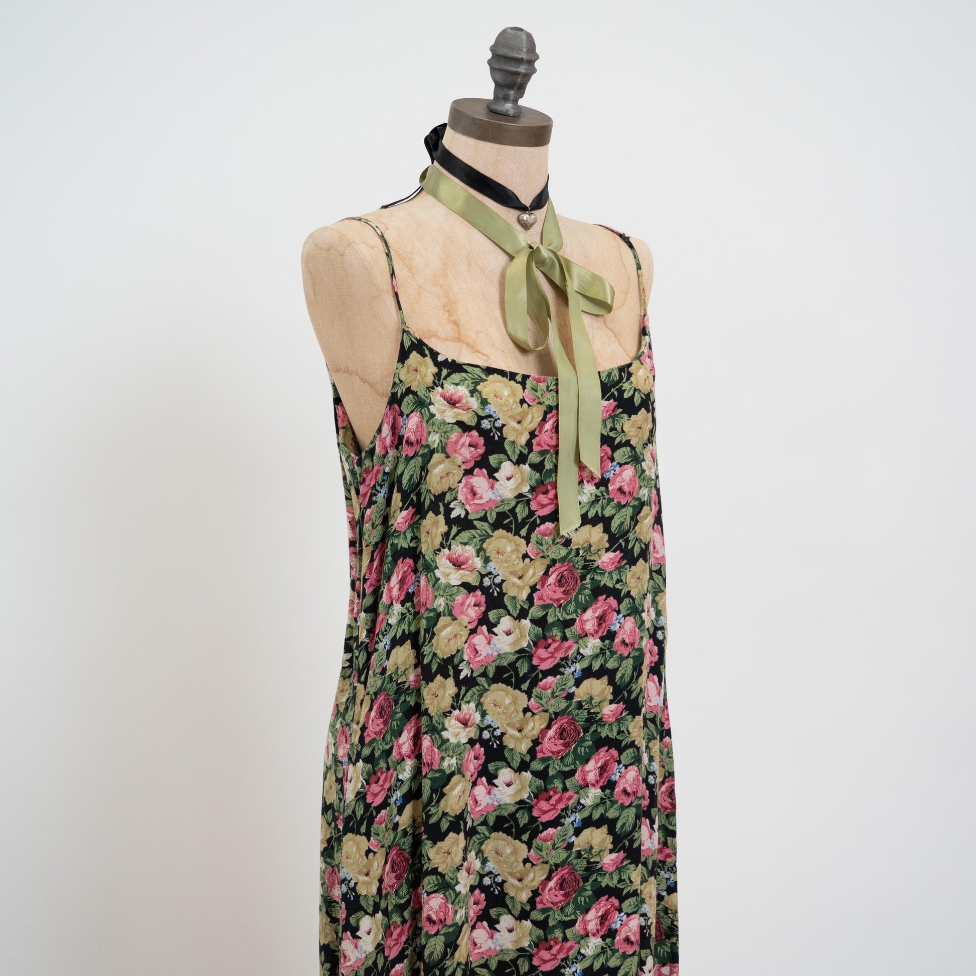 Vintage 90s Black & Pink Rose Floral Maxi Dress - Large | Boho Spaghetti Strap Summer Sundress