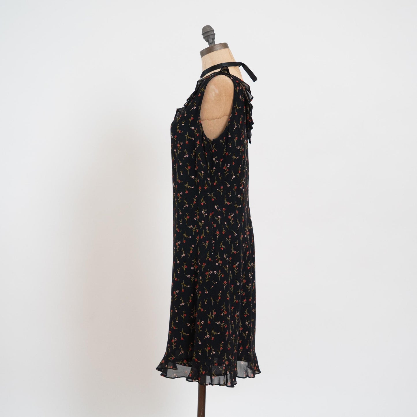 Vintage 90s Black Wildflower Floral Party Dress - Medium | Ruffle Trim Bias Cut Mini Dress