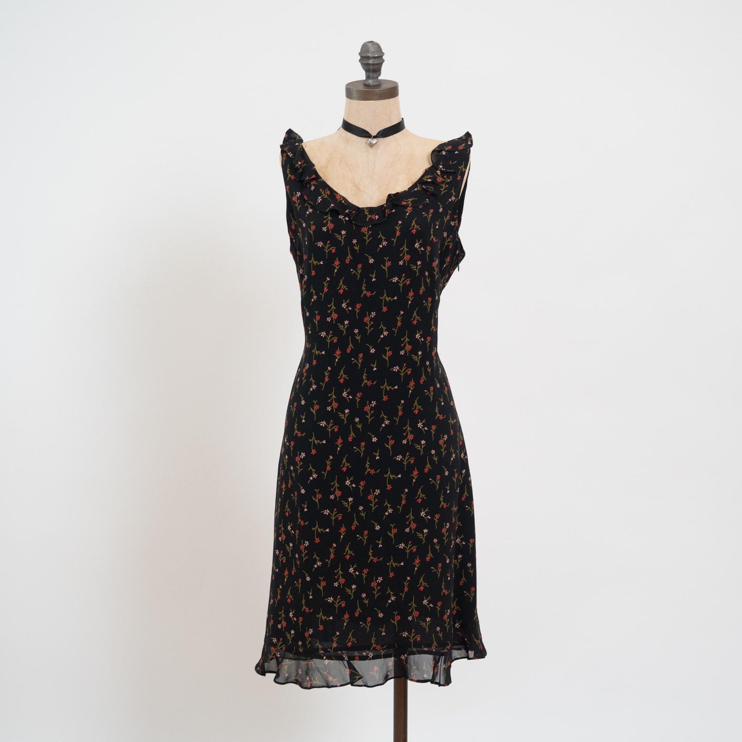 Vintage 90s Black Wildflower Floral Party Dress - Medium | Ruffle Trim Bias Cut Mini Dress