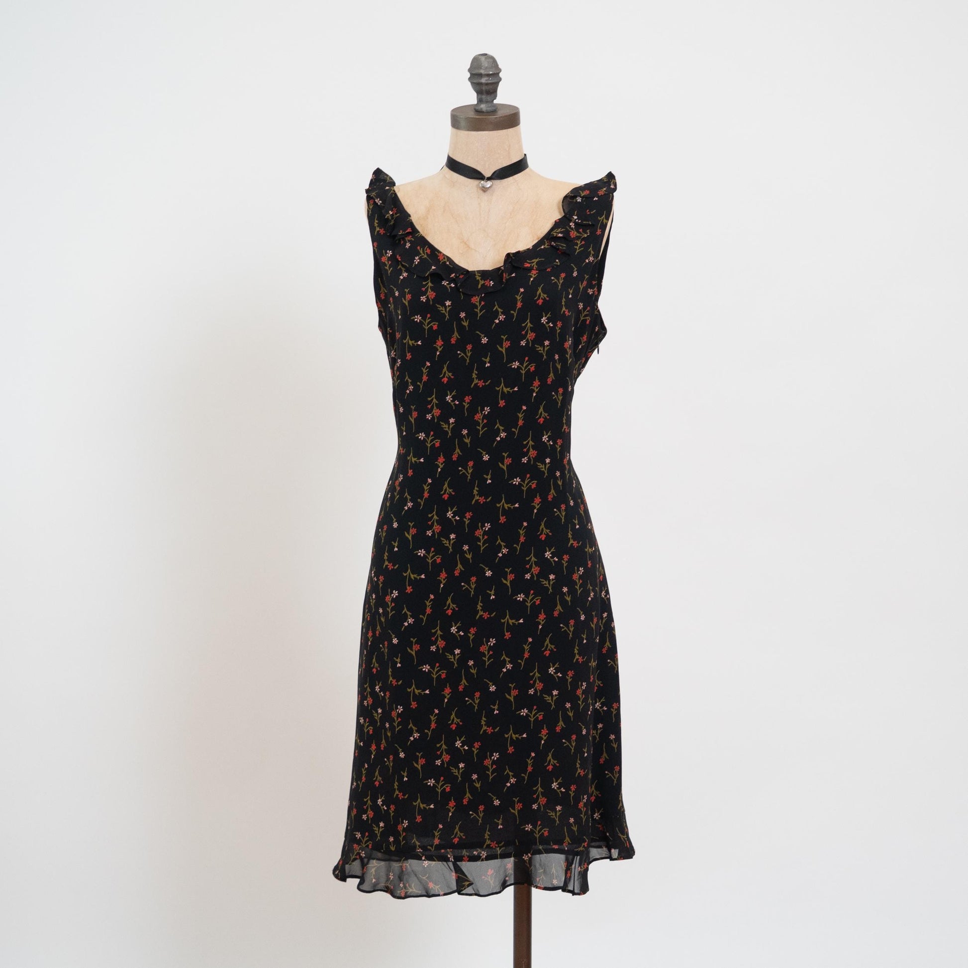 Vintage 90s Black Wildflower Floral Party Dress - Medium | Ruffle Trim Bias Cut Mini Dress