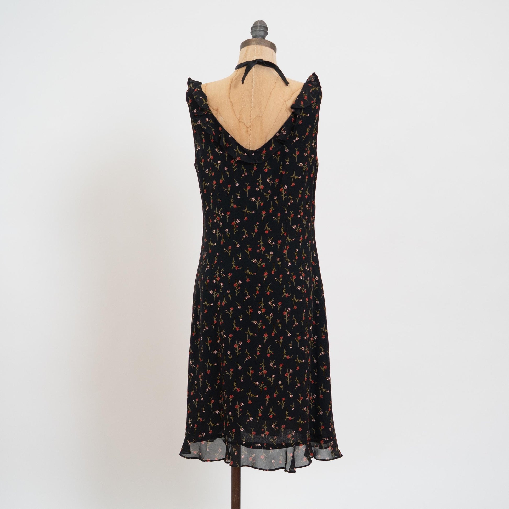 Vintage 90s Black Wildflower Floral Party Dress - Medium | Ruffle Trim Bias Cut Mini Dress