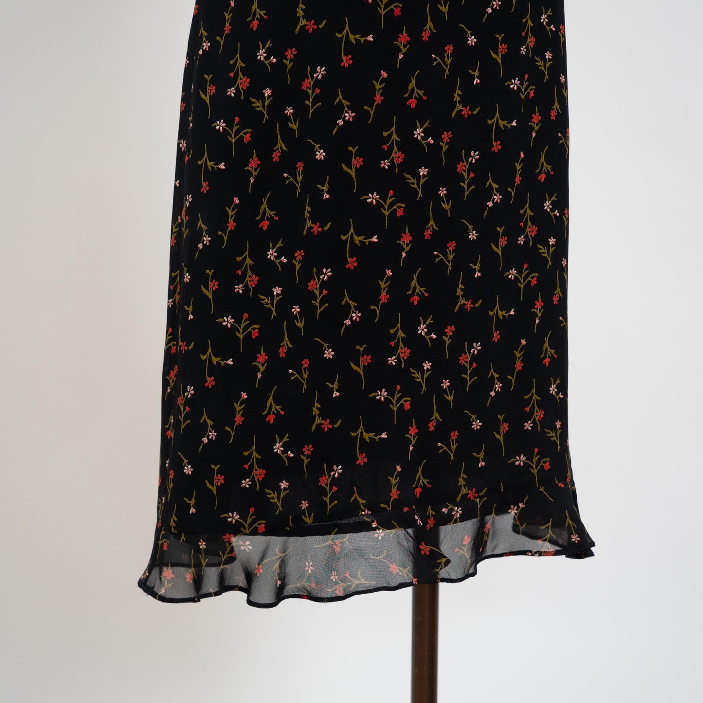 Vintage 90s Black Wildflower Floral Party Dress - Medium | Ruffle Trim Bias Cut Mini Dress