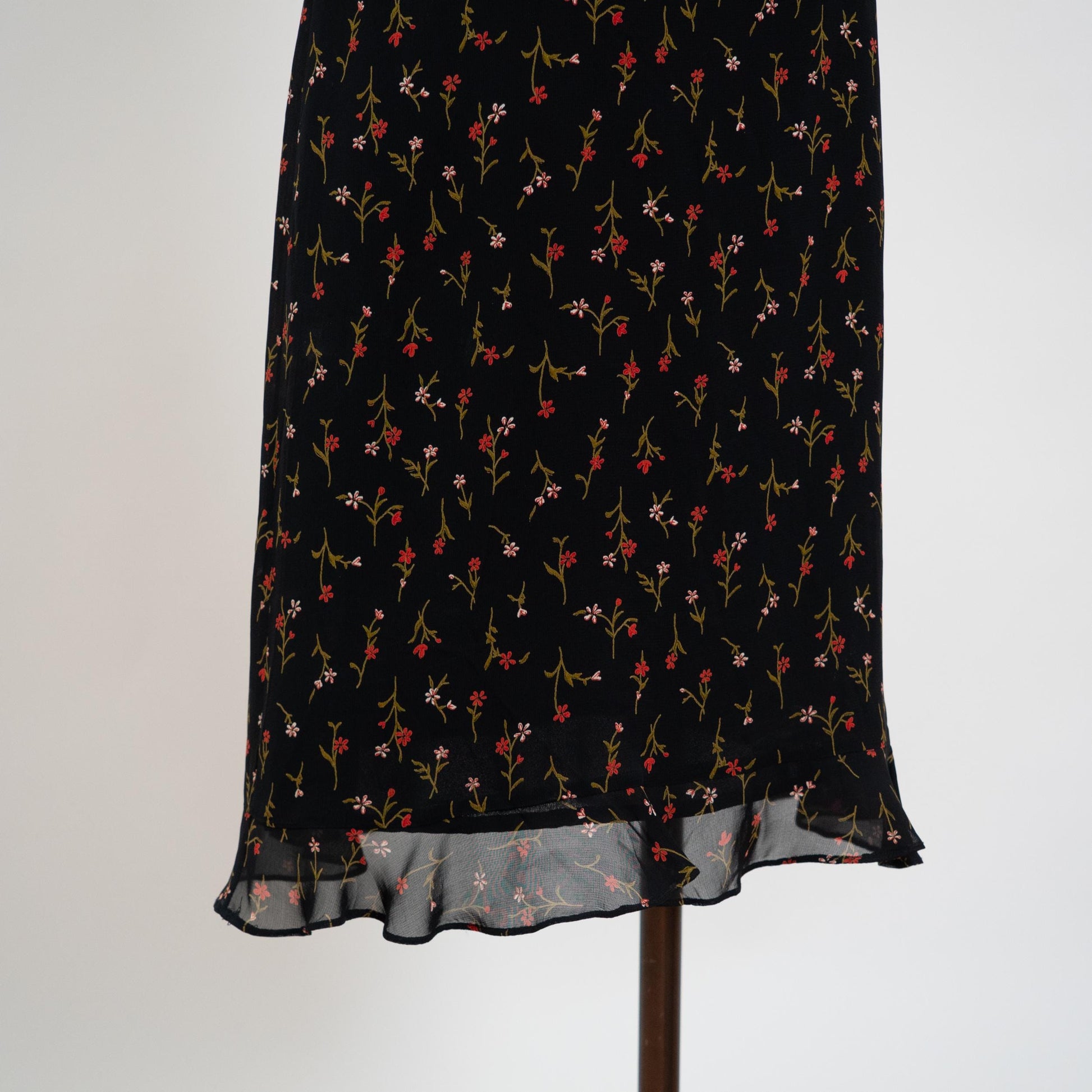 Vintage 90s Black Wildflower Floral Party Dress - Medium | Ruffle Trim Bias Cut Mini Dress