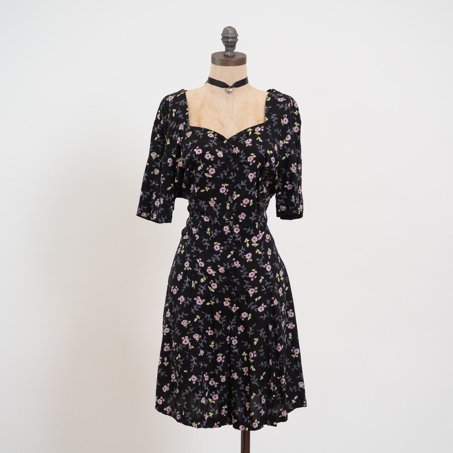 Vintage 90s Black Floral Cross Back Romper - Large | Retro Sweetheart Neck Mini Playsuit