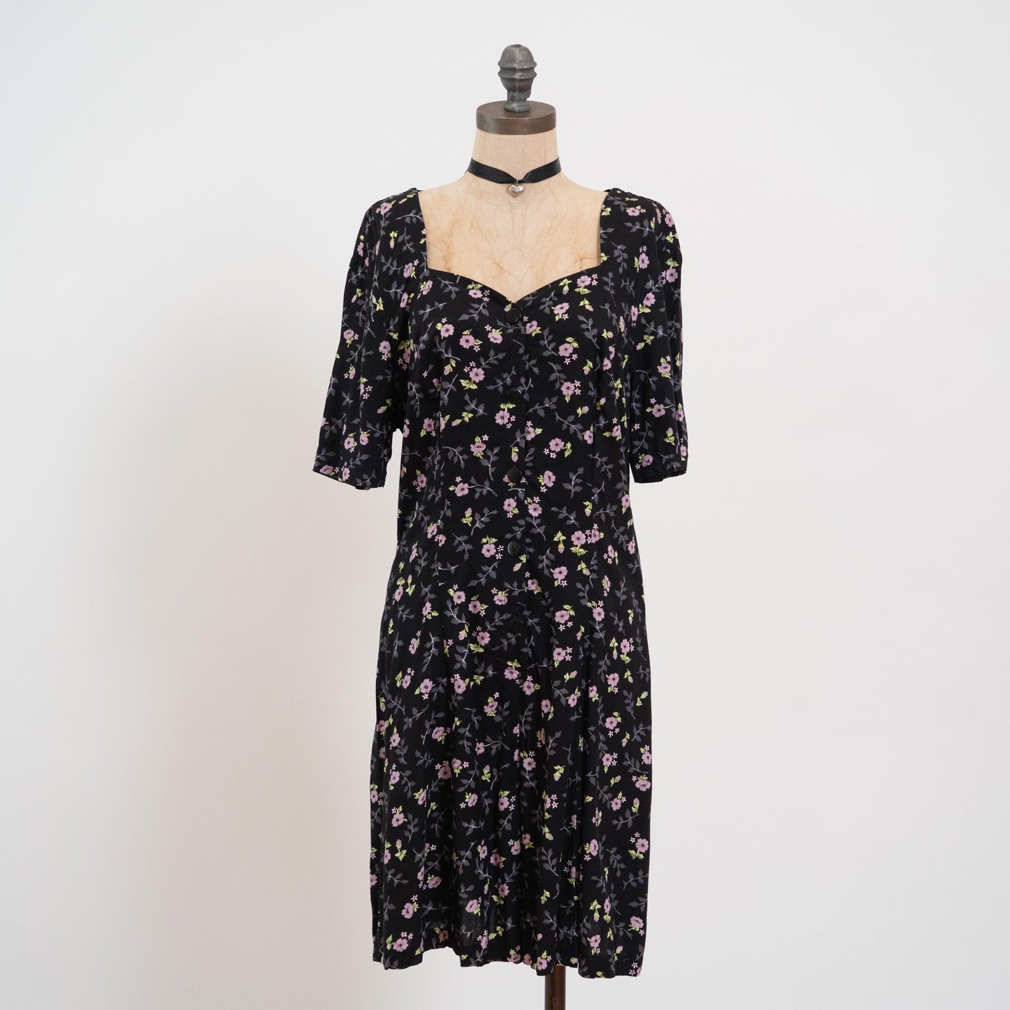 Vintage 90s Black Floral Cross Back Romper - Large | Retro Sweetheart Neck Mini Playsuit