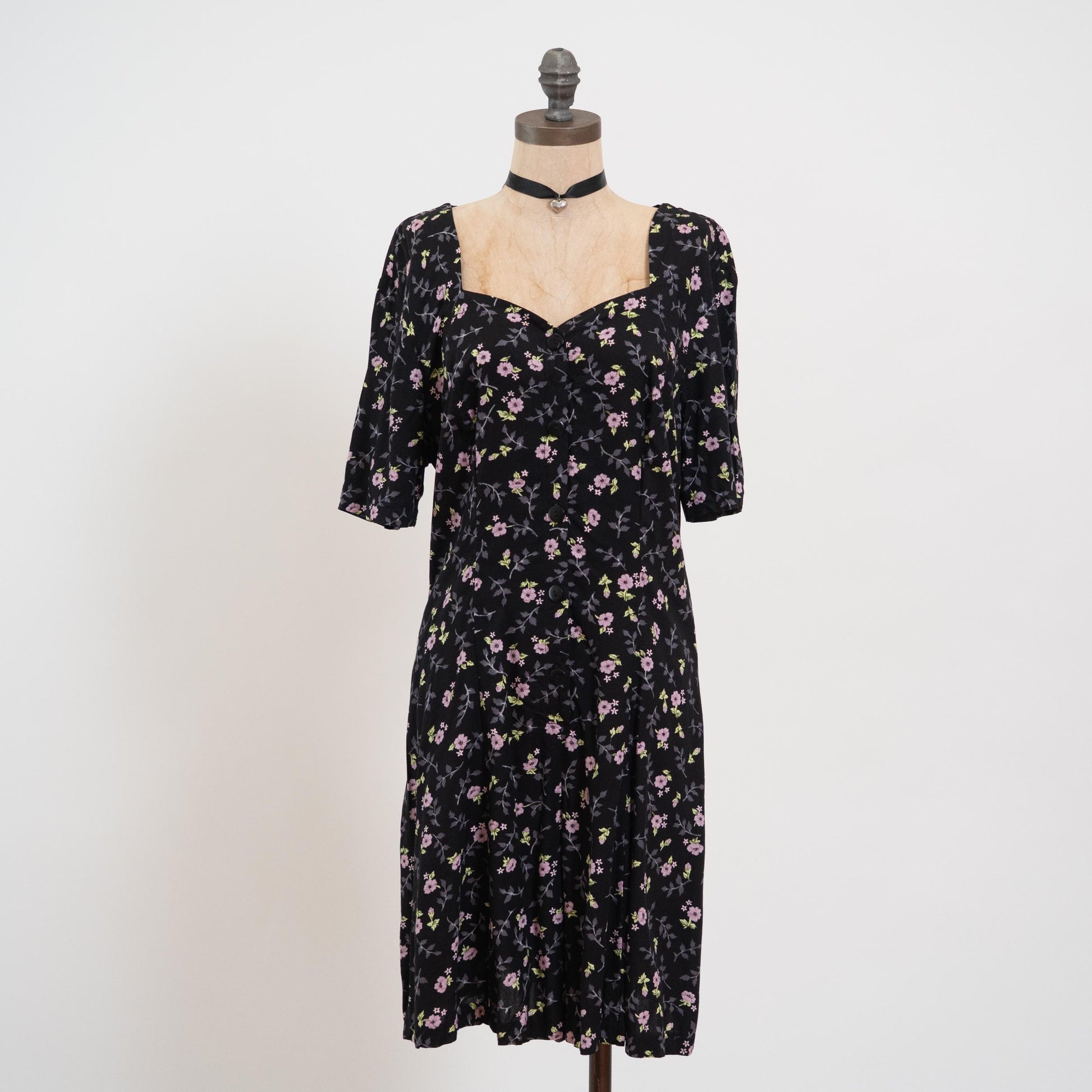 Vintage 90s Black Floral Cross Back Romper - Large | Retro Sweetheart Neck Mini Playsuit