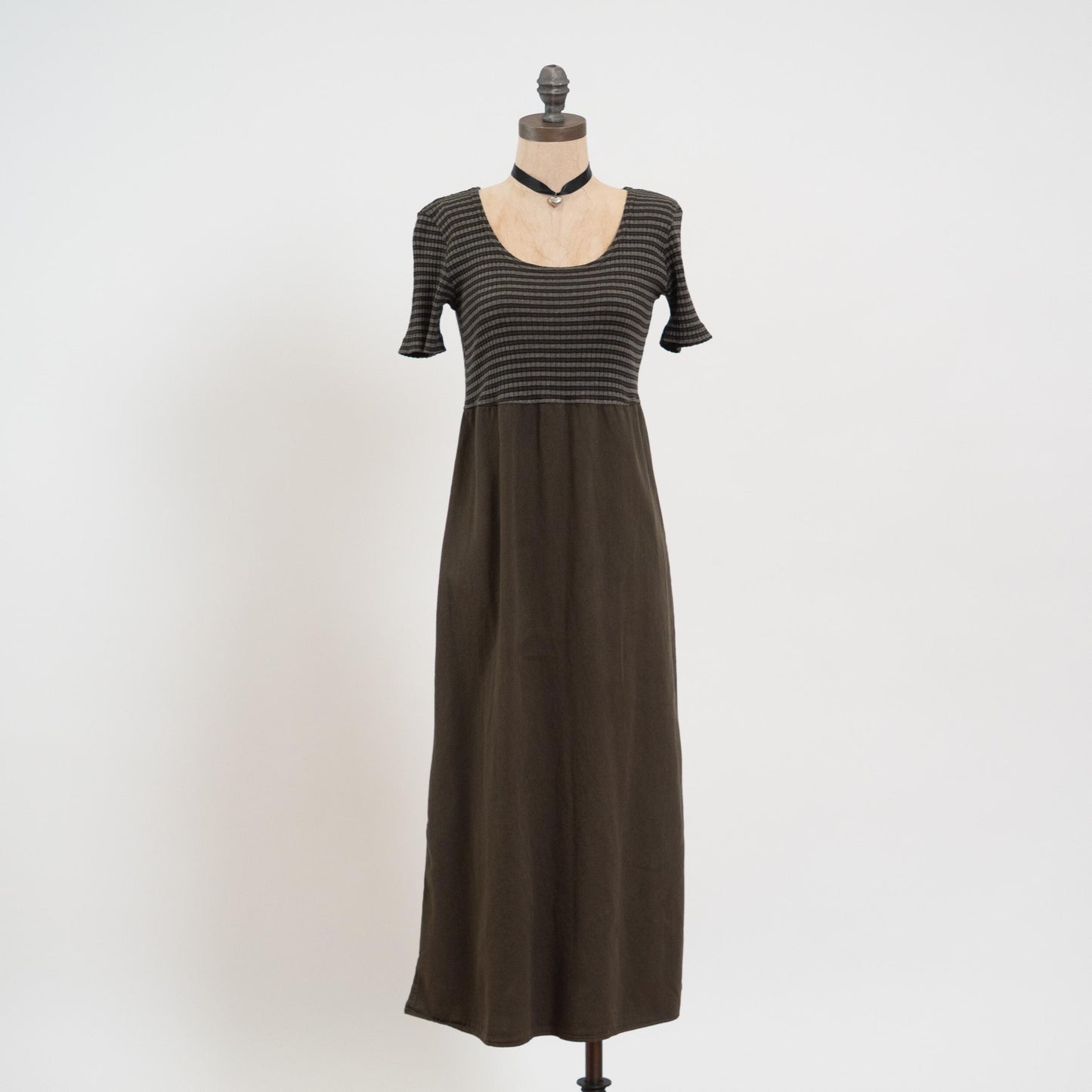Vintage 90s Grunge Two Tone Striped Midi Dress - Petite Small | A Line Green & Black Dress