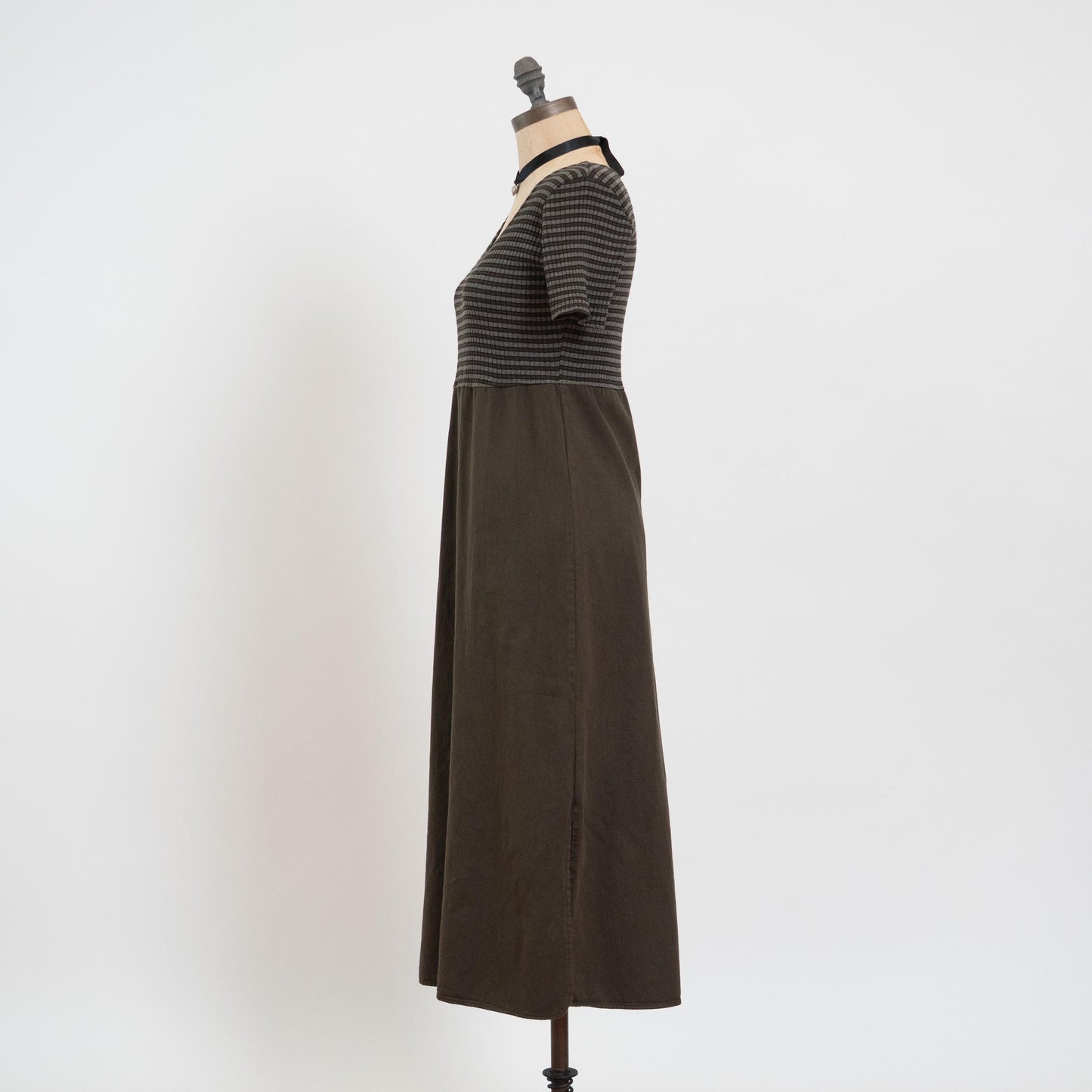 Vintage 90s Grunge Two Tone Striped Midi Dress - Petite Small | A Line Green & Black Dress