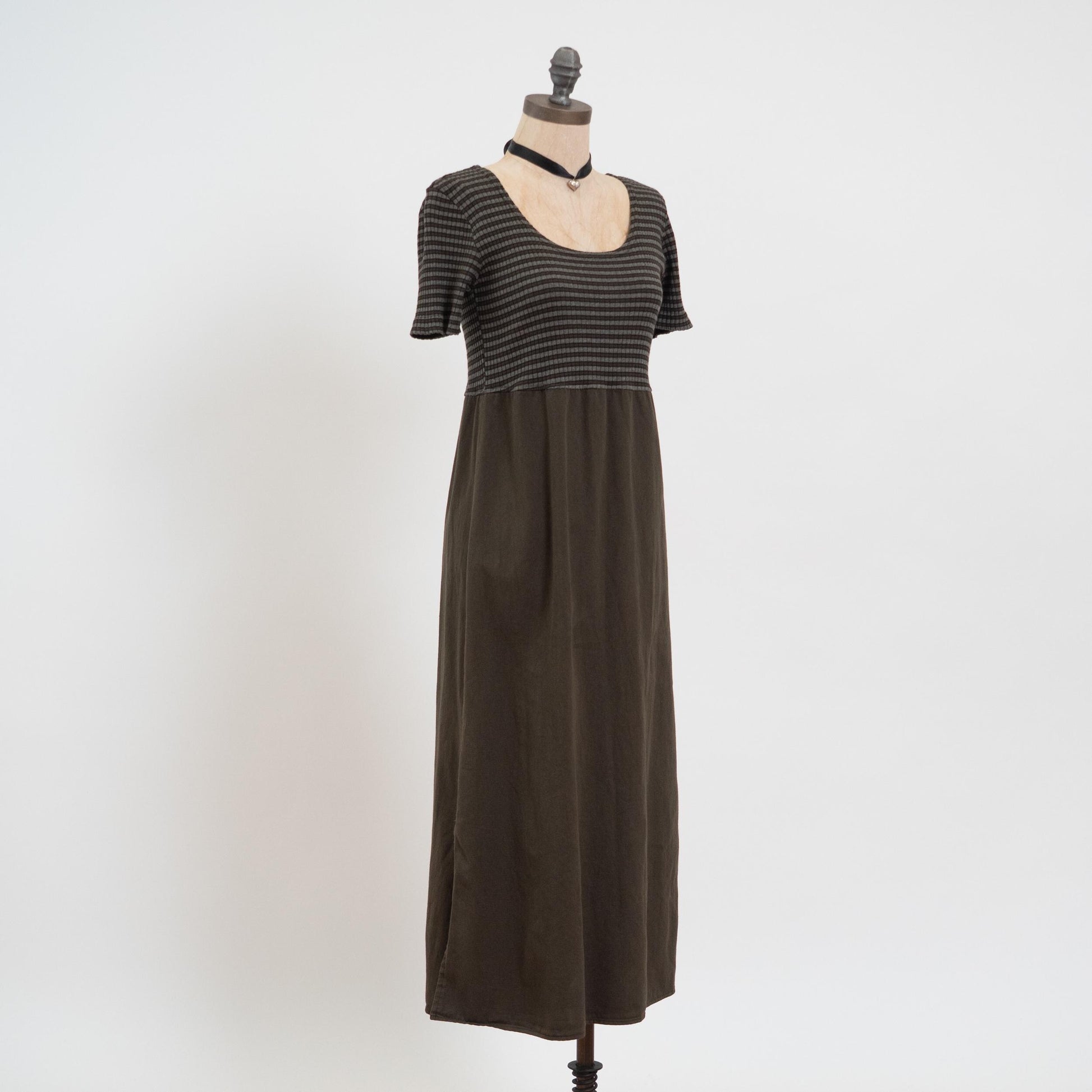 Vintage 90s Grunge Two Tone Striped Midi Dress - Petite Small | A Line Green & Black Dress