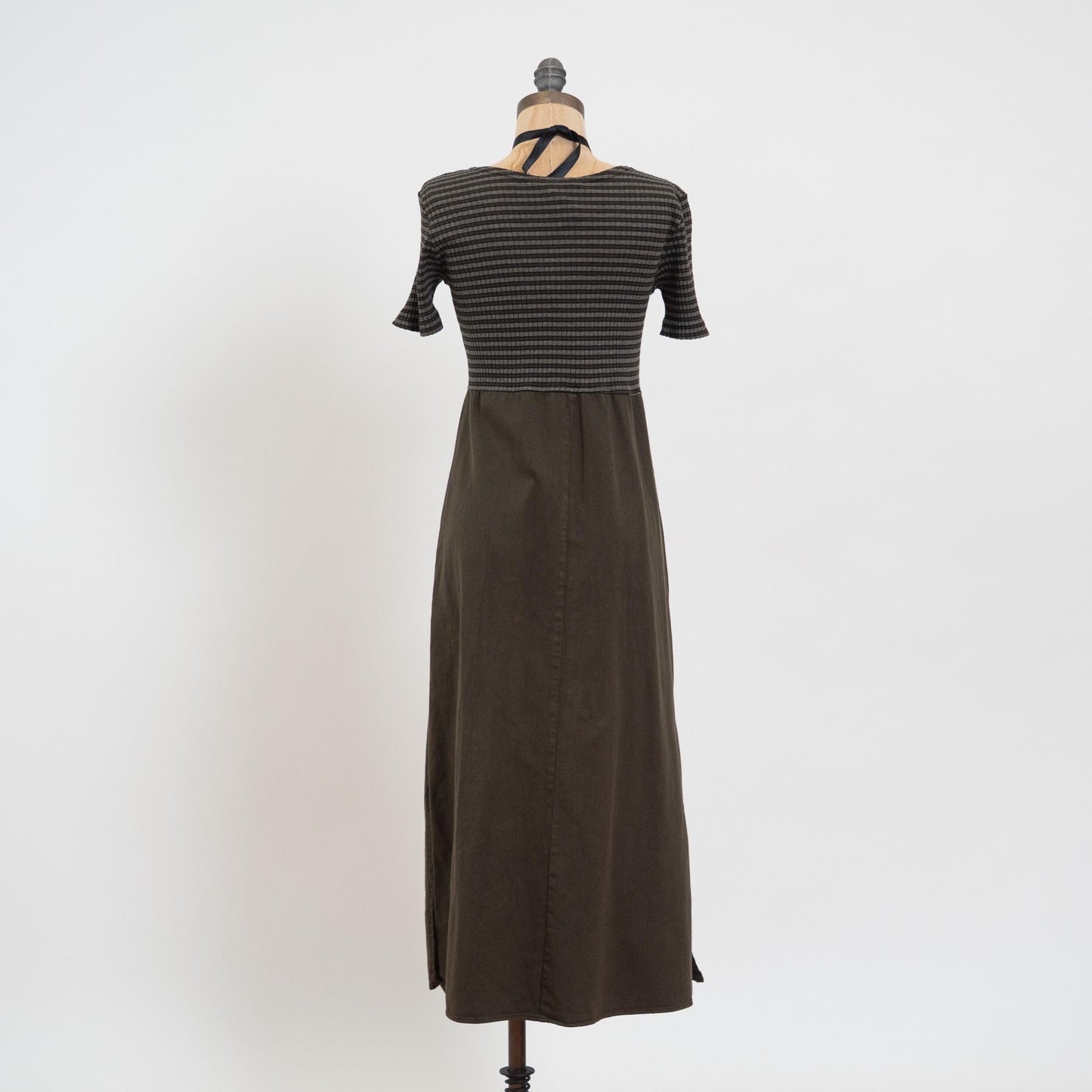 Vintage 90s Grunge Two Tone Striped Midi Dress - Petite Small | A Line Green & Black Dress