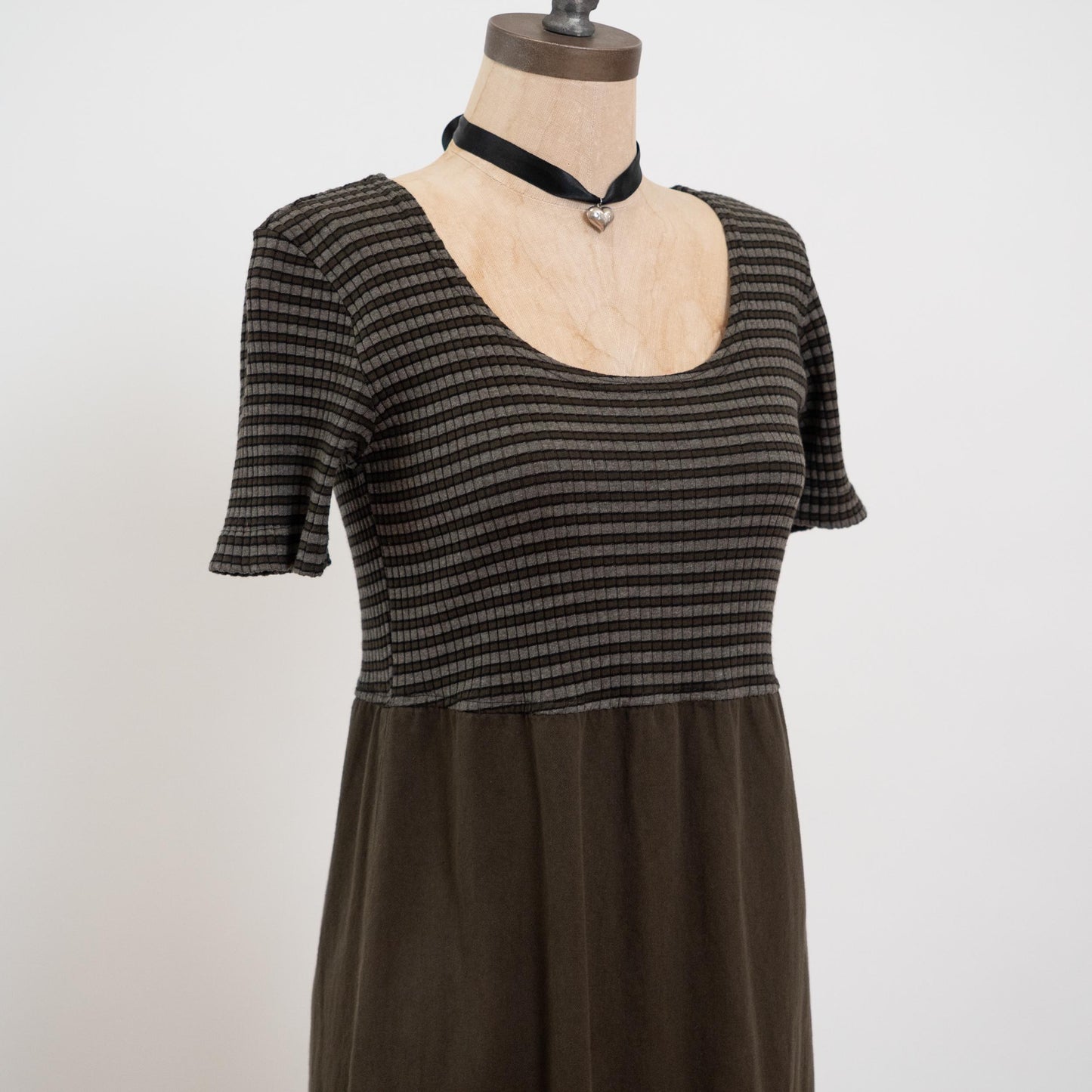 Vintage 90s Grunge Two Tone Striped Midi Dress - Petite Small | A Line Green & Black Dress