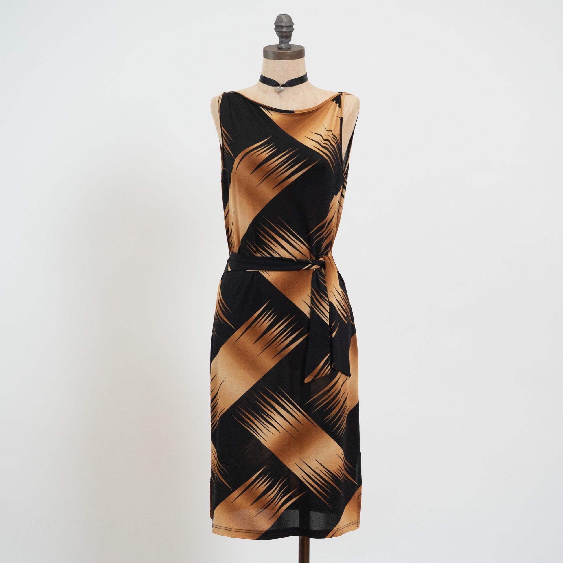 Vintage 90s Brush Stroke Print Tie Front Dress - Medium | Two Tone Sleeveless Mini Party Dress