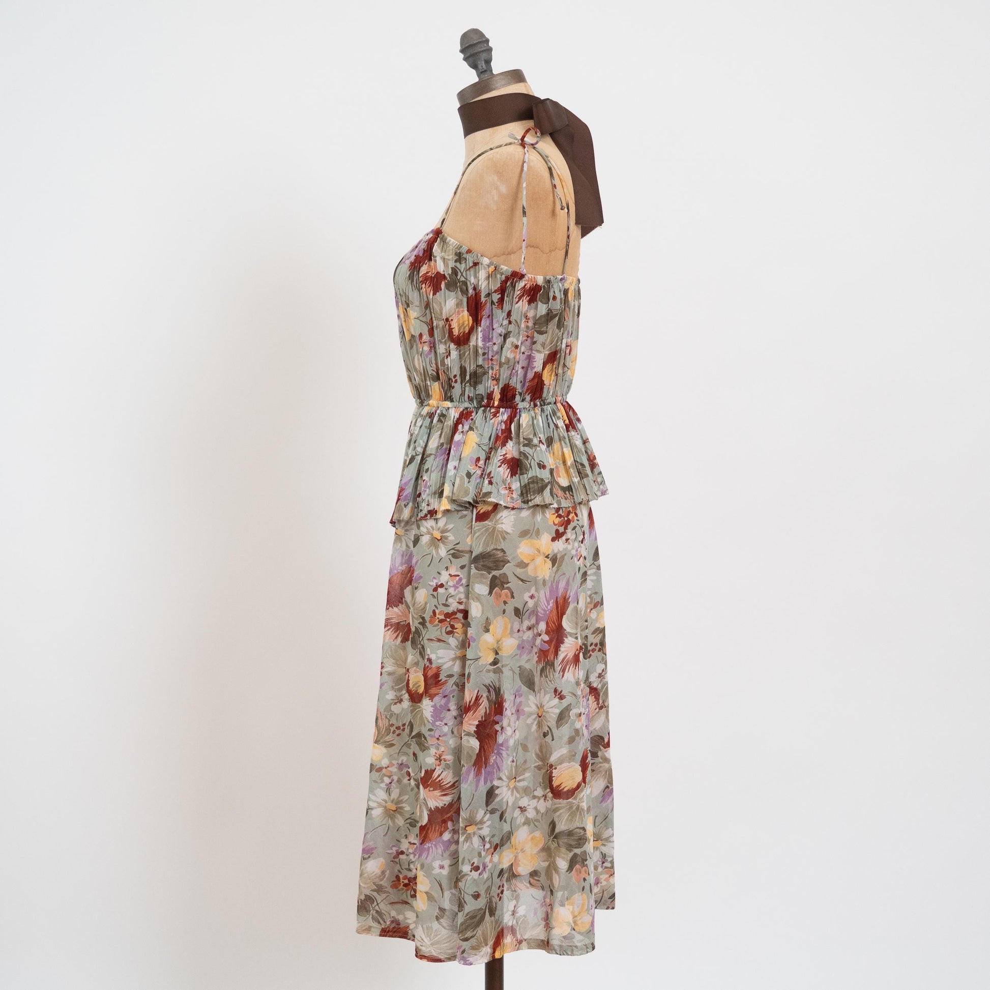 Vintage 70s Sage Green Floral Plisse Peplum Dress - Small | Sheer Spaghetti Sleeve Boho Pleated Midi Dress