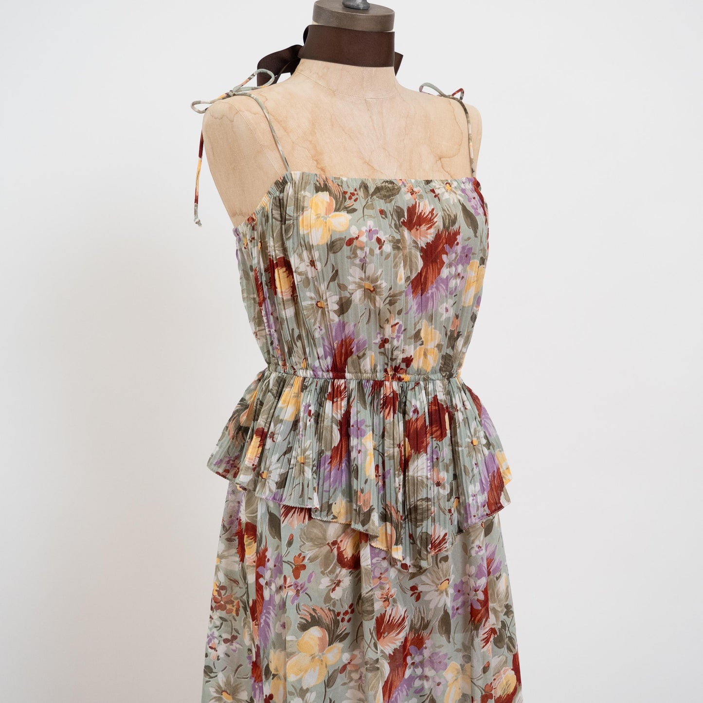 Vintage 70s Sage Green Floral Plisse Peplum Dress - Small | Sheer Spaghetti Sleeve Boho Pleated Midi Dress