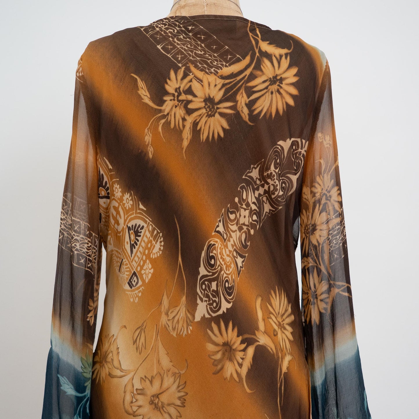 Vintage 90s Y2K Earth Tone Silk Floral Angel Sleeve Blouse - Large | Boho V Neck Long Sleeved Shirt
