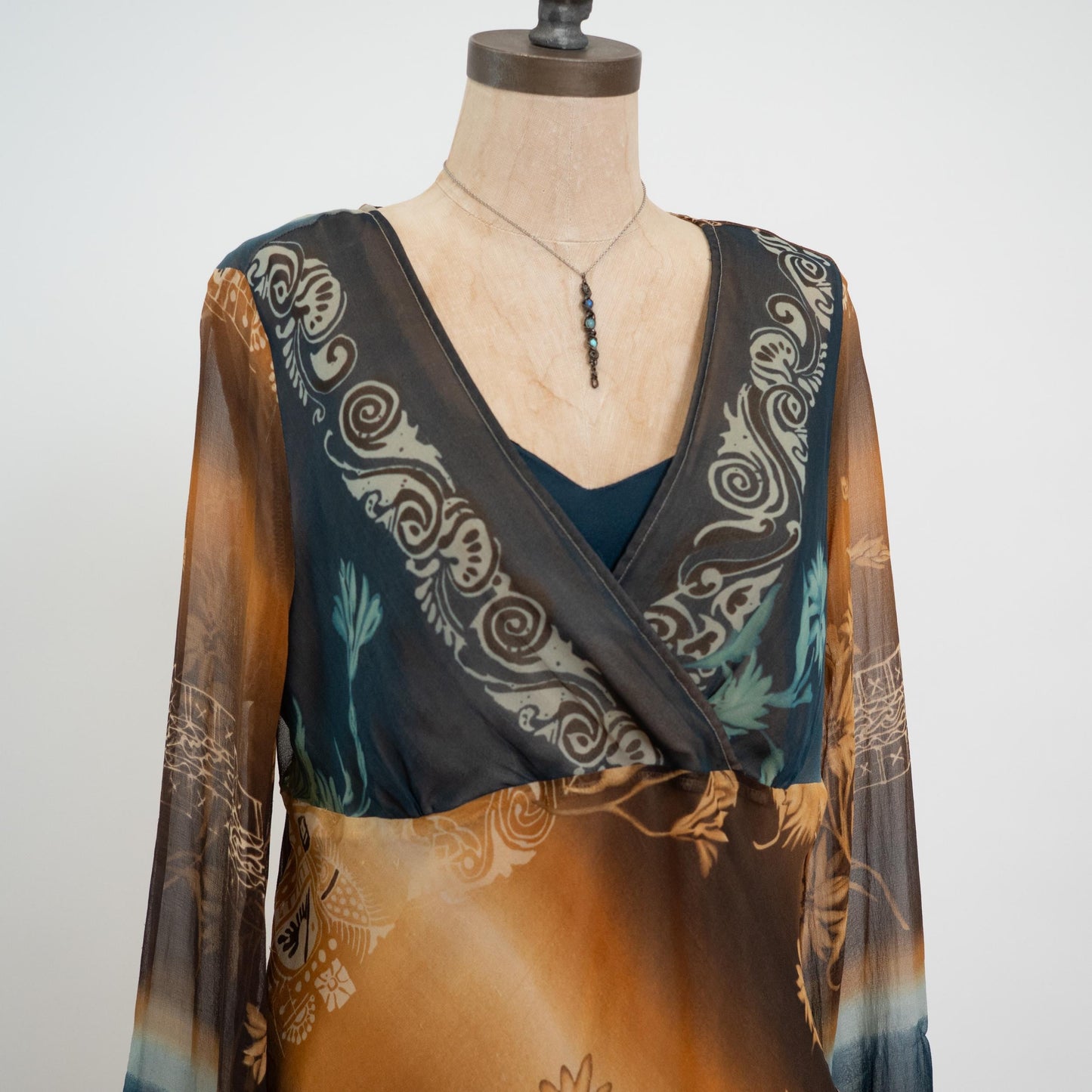 Vintage 90s Y2K Earth Tone Silk Floral Angel Sleeve Blouse - Large | Boho V Neck Long Sleeved Shirt