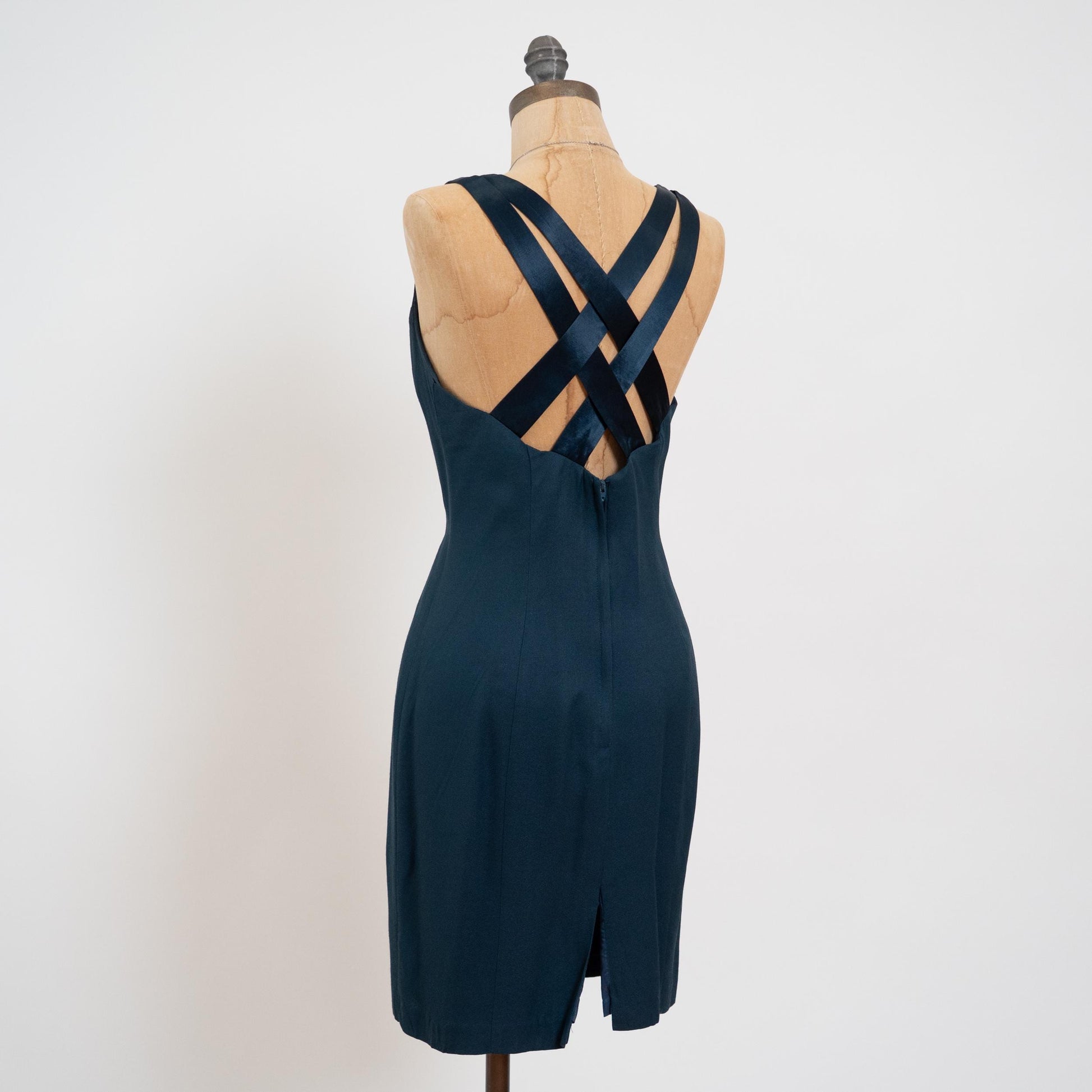 Vintage 90s Emerald Green Strappy Cross Back Mini Dress - Medium | Sheath Sleeveless Party Dress