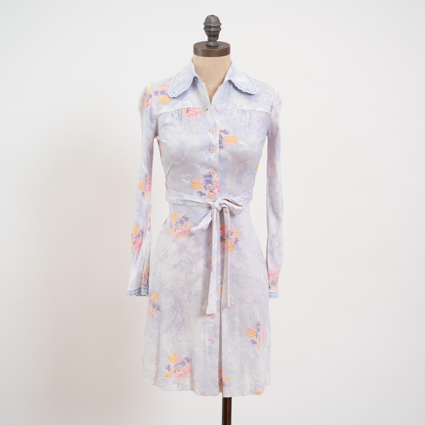 Vintage 70s Pastel Blue Floral Dog Ear Collar Shirtdress - XXS | Long Sleeve Fit & Flare Mini Dress