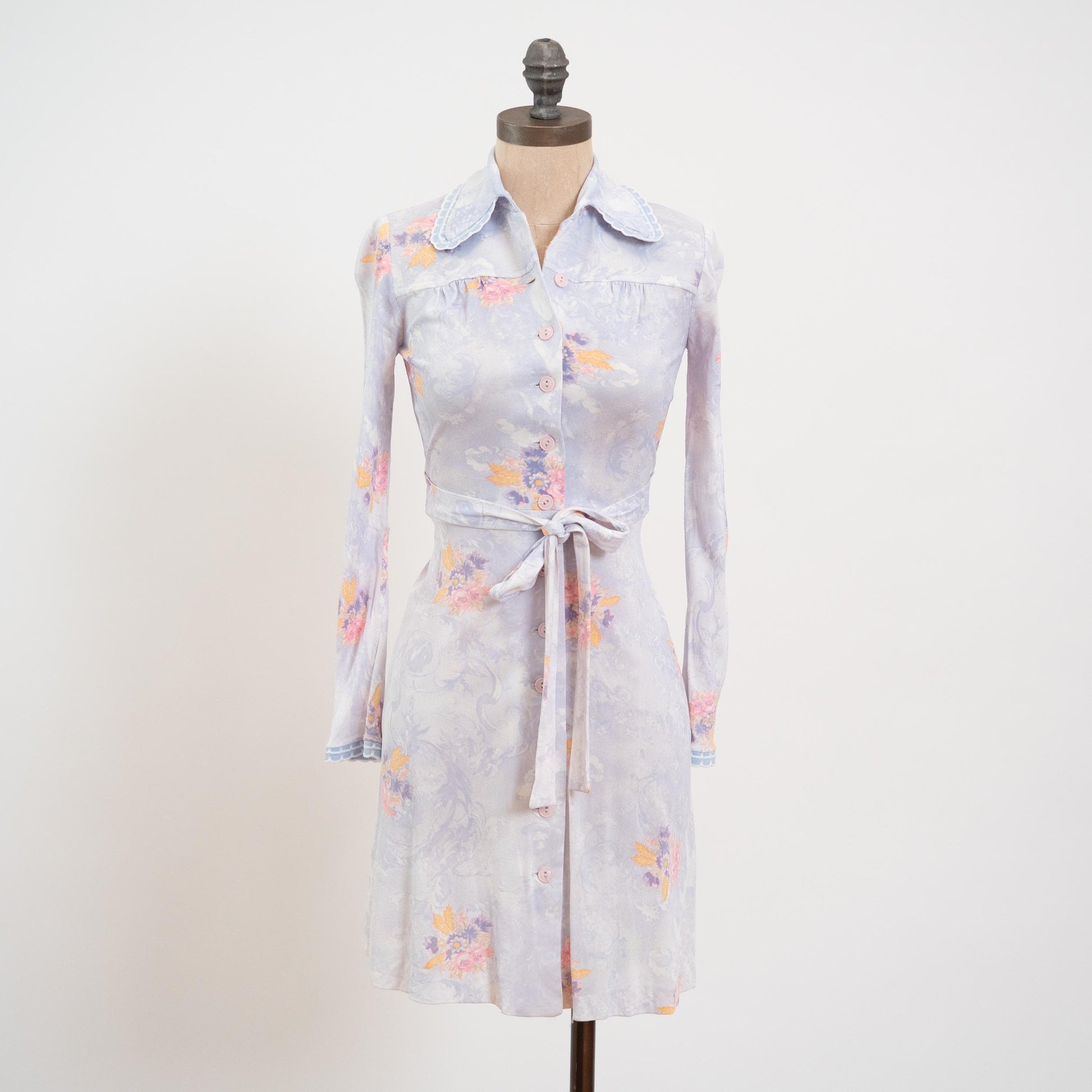 Vintage 70s Pastel Blue Floral Dog Ear Collar Shirtdress - XXS | Long Sleeve Fit & Flare Mini Dress