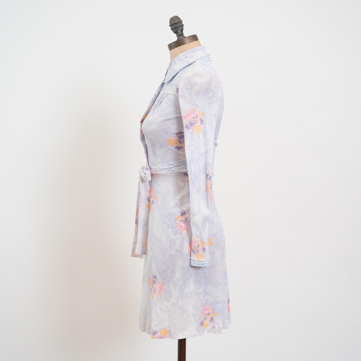 Vintage 70s Pastel Blue Floral Dog Ear Collar Shirtdress - XXS | Long Sleeve Fit & Flare Mini Dress
