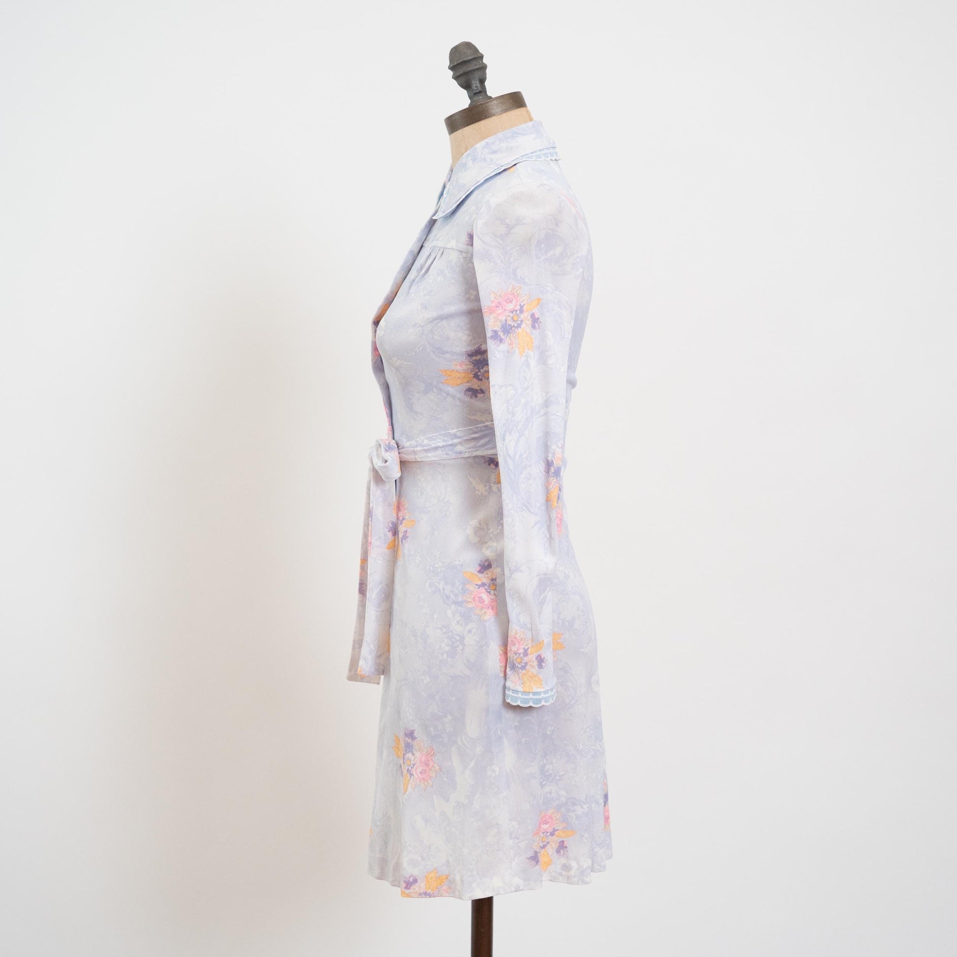 Vintage 70s Pastel Blue Floral Dog Ear Collar Shirtdress - XXS | Long Sleeve Fit & Flare Mini Dress