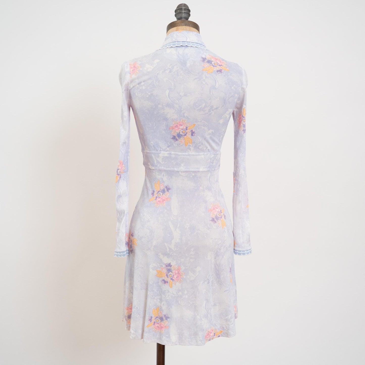 Vintage 70s Pastel Blue Floral Dog Ear Collar Shirtdress - XXS | Long Sleeve Fit & Flare Mini Dress