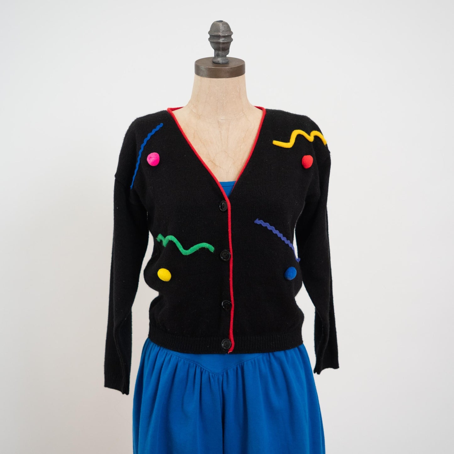 Vintage 80s Black Rainbow Bauble Cardigan Sweater - Extra Small | Cropped Knit Button Up Retro Sweater