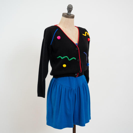 Vintage 80s Black Rainbow Bauble Cardigan Sweater - Extra Small | Cropped Knit Button Up Retro Sweater