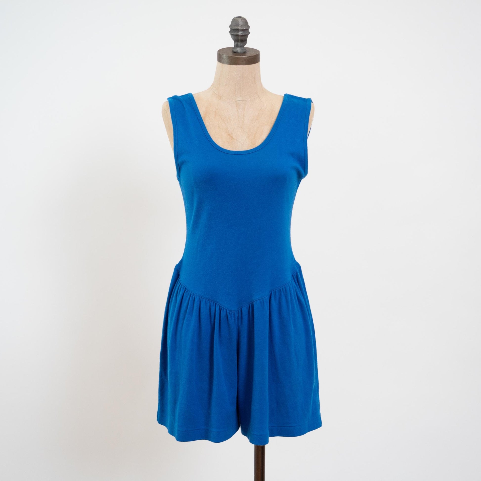 Vintage 80s Blue Lounge Romper - Medium | Basque Waist Sleeveless Playsuit