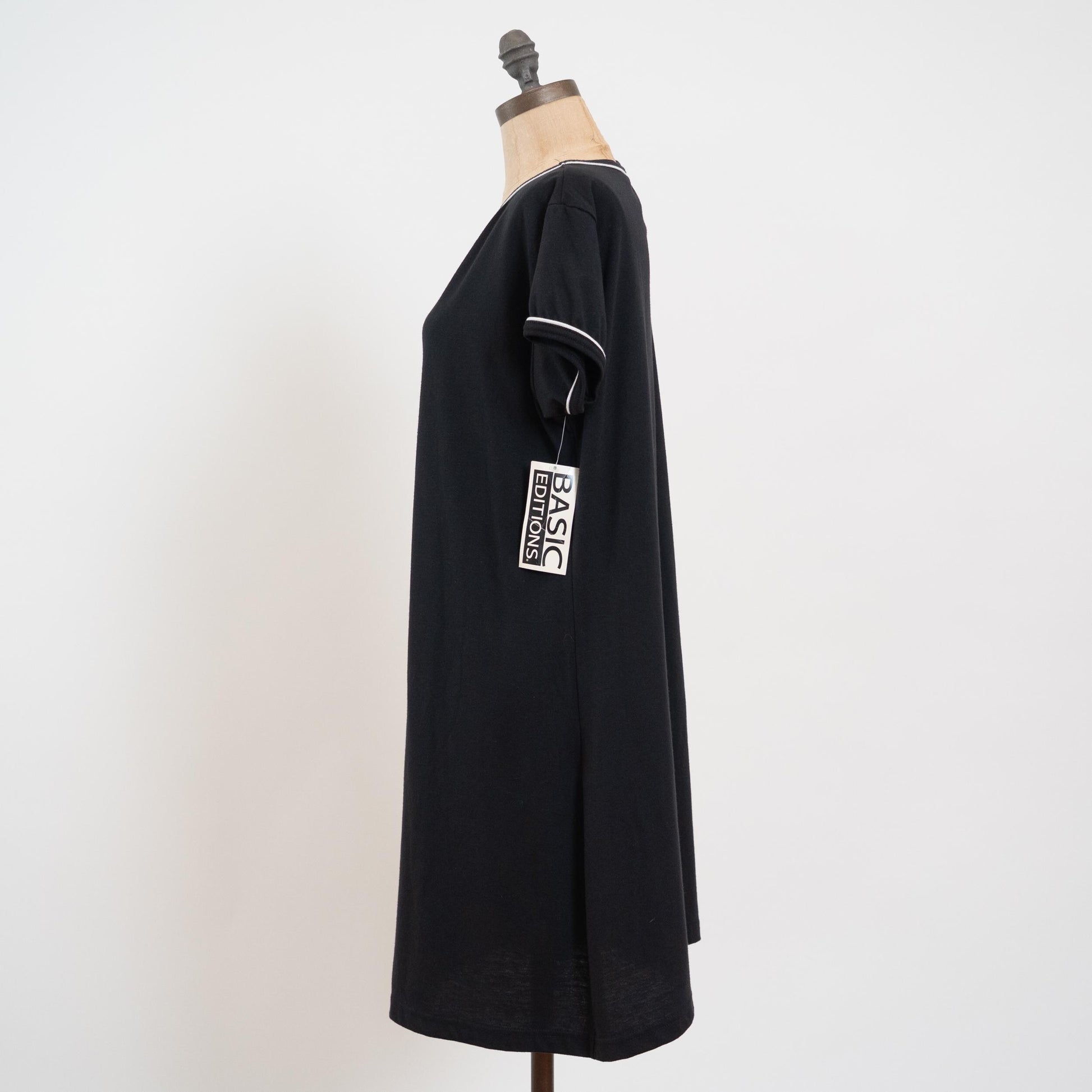 Vintage 90s Black Ringer T Shirt Dress NWT - Extra Large | Black & White Oversized V Neck Lounge Dress