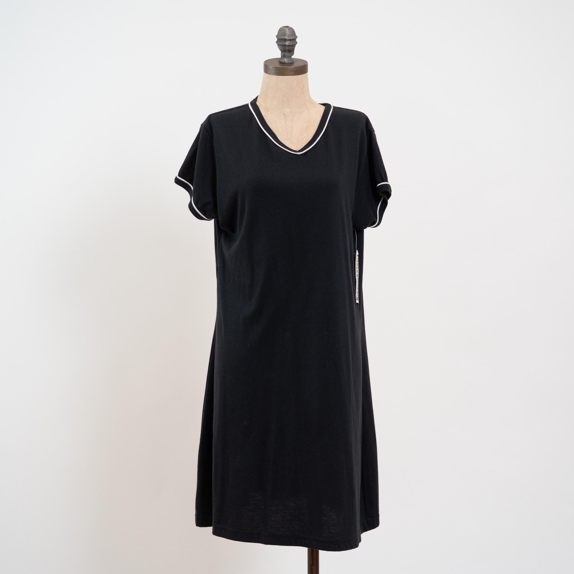 Vintage 90s Black Ringer T Shirt Dress NWT - Extra Large | Black & White Oversized V Neck Lounge Dress