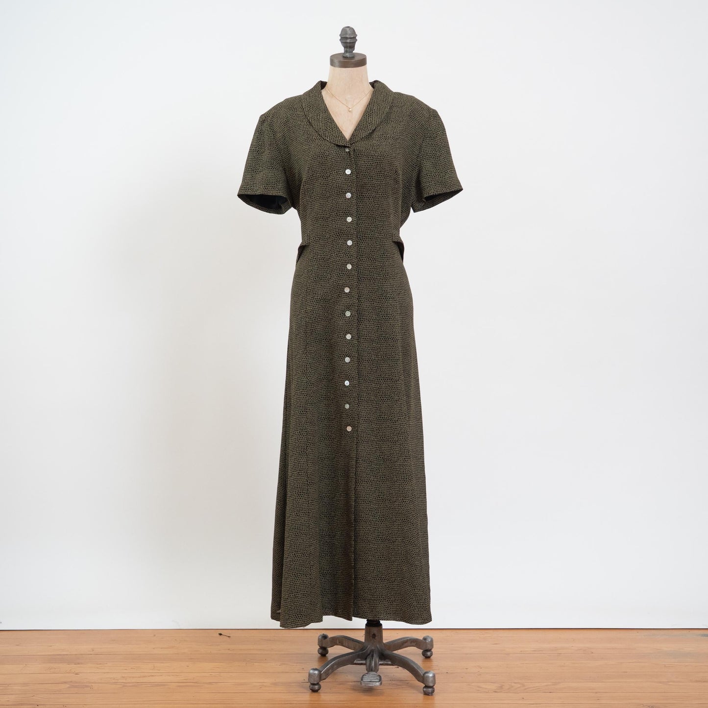 Vintage 90s Green Snakeskin Print Grunge Maxi Dress - Extra Large | Shawl Collar Button Up Short Sleeve Collared Dress